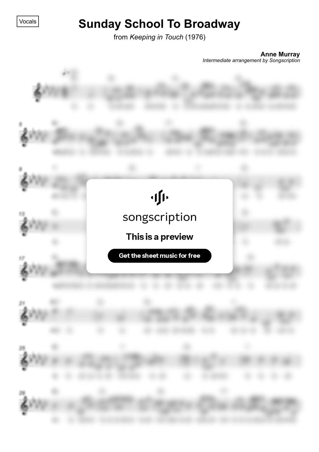 Intermediate Vocals Sheet Music for "Sunday School To Broadway" by Anne Murray