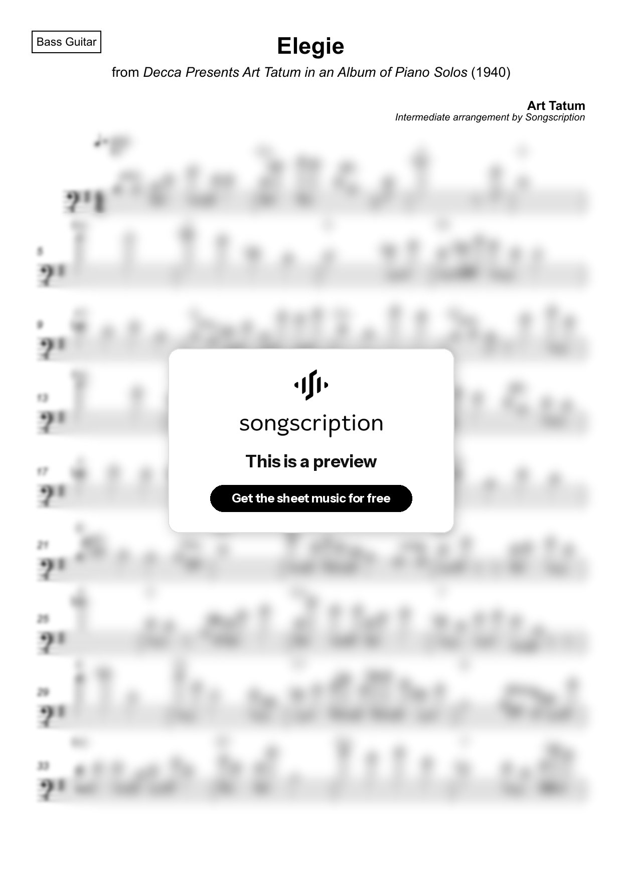 Intermediate Bass Guitar Sheet Music for "Elegie" by Art Tatum