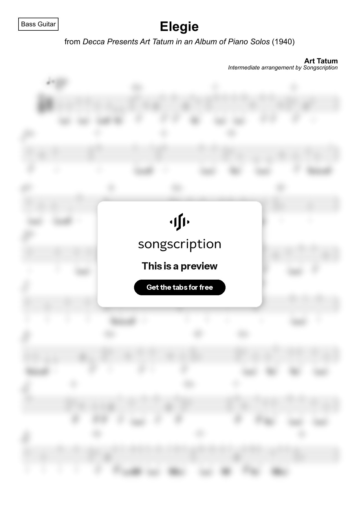 Intermediate Bass Guitar Tabs for "Elegie" by Art Tatum