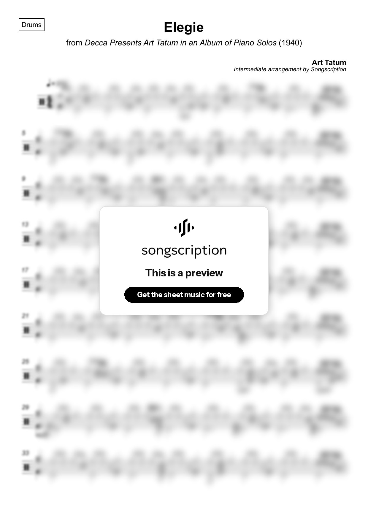 Intermediate Drums Sheet Music for "Elegie" by Art Tatum