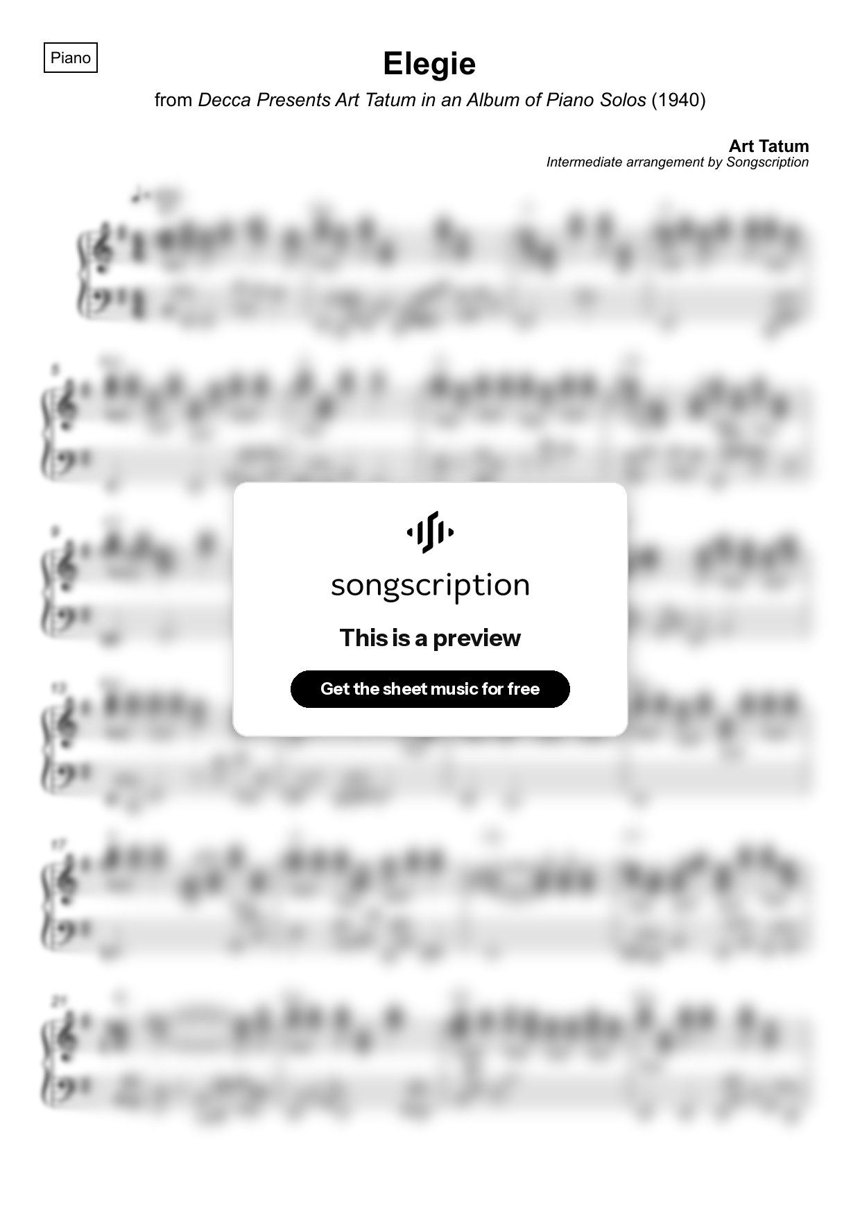 Intermediate Piano Sheet Music for "Elegie" by Art Tatum