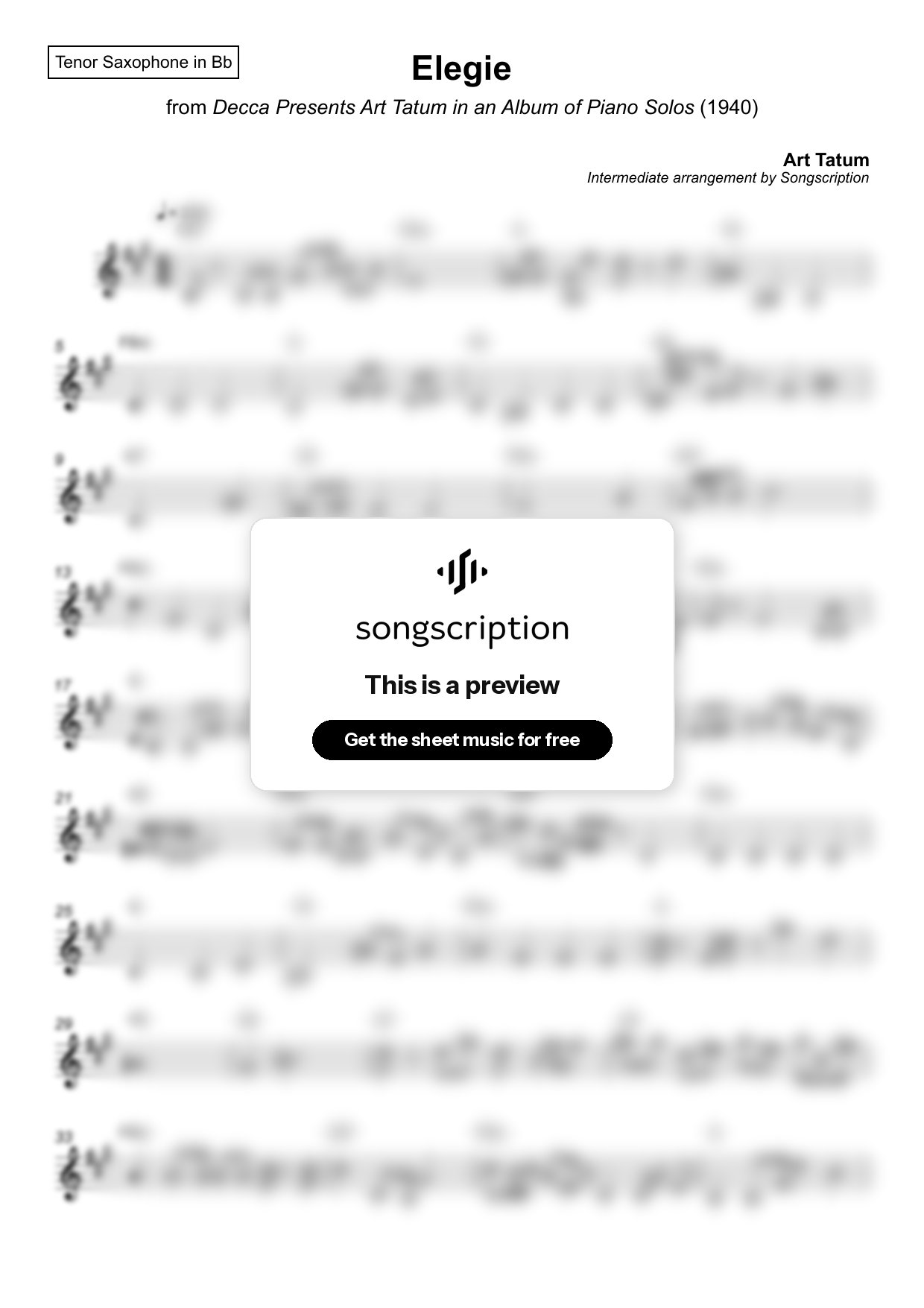 Intermediate Tenor Sax Sheet Music for "Elegie" by Art Tatum