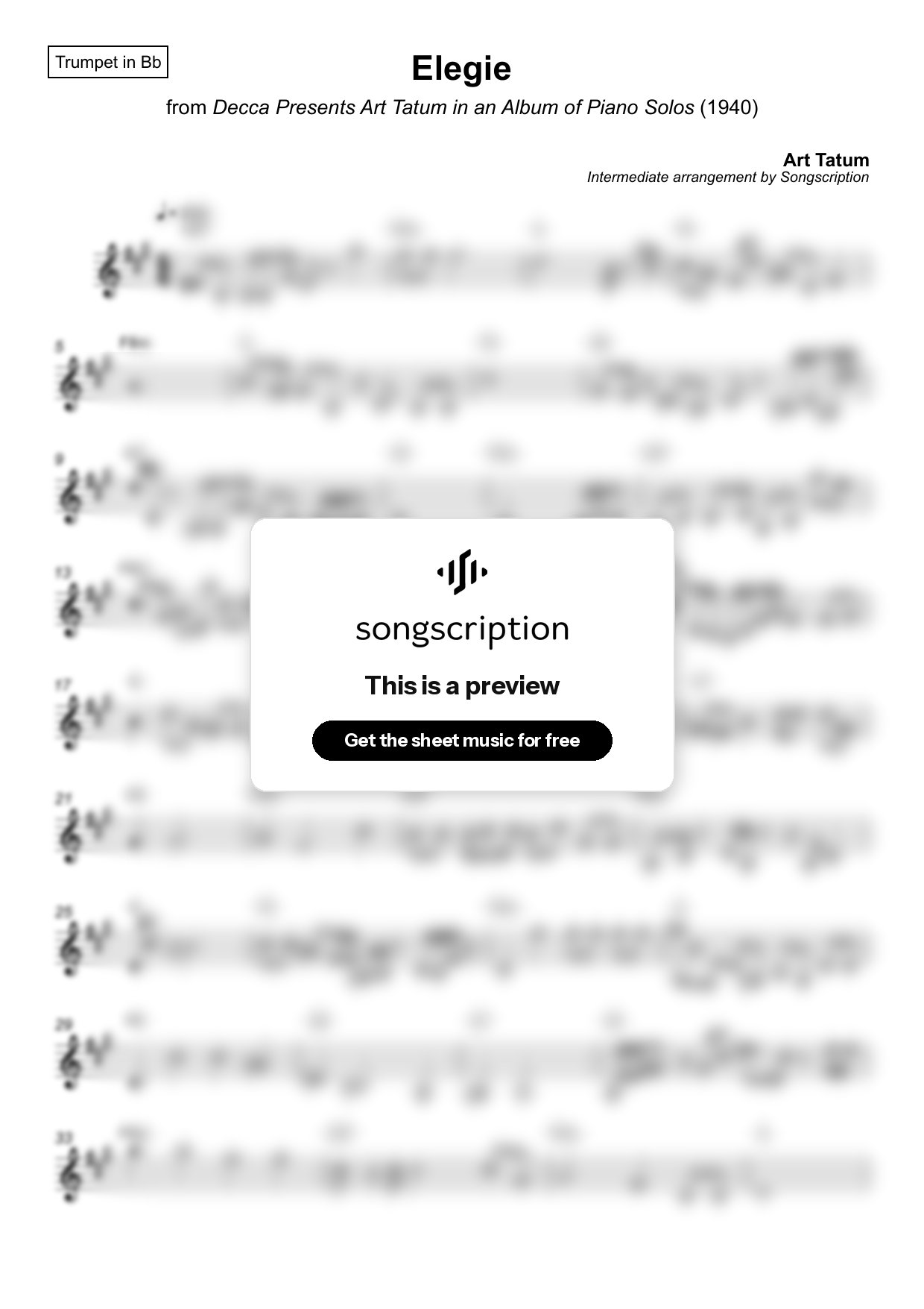 Intermediate Trumpet Sheet Music for "Elegie" by Art Tatum