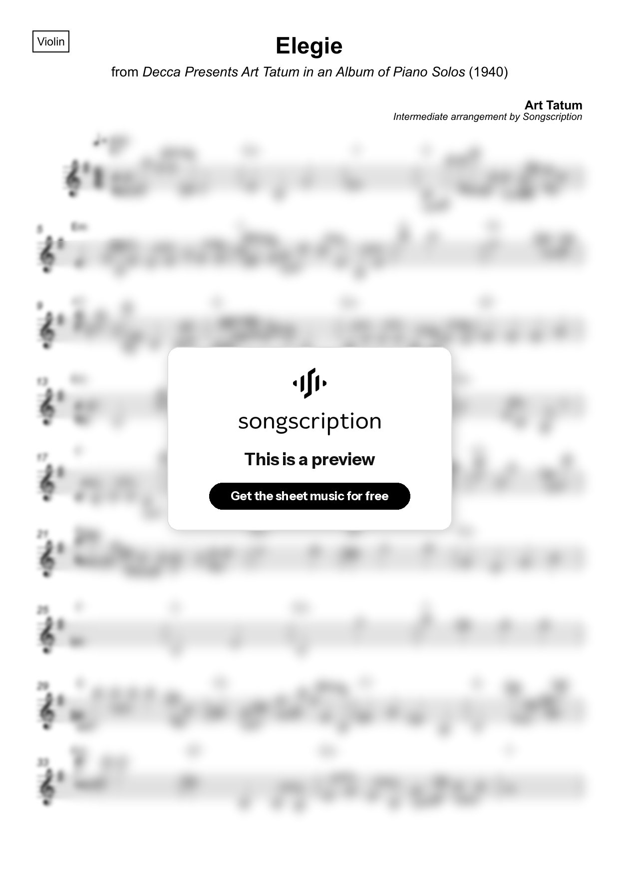 Intermediate Violin Sheet Music for "Elegie" by Art Tatum