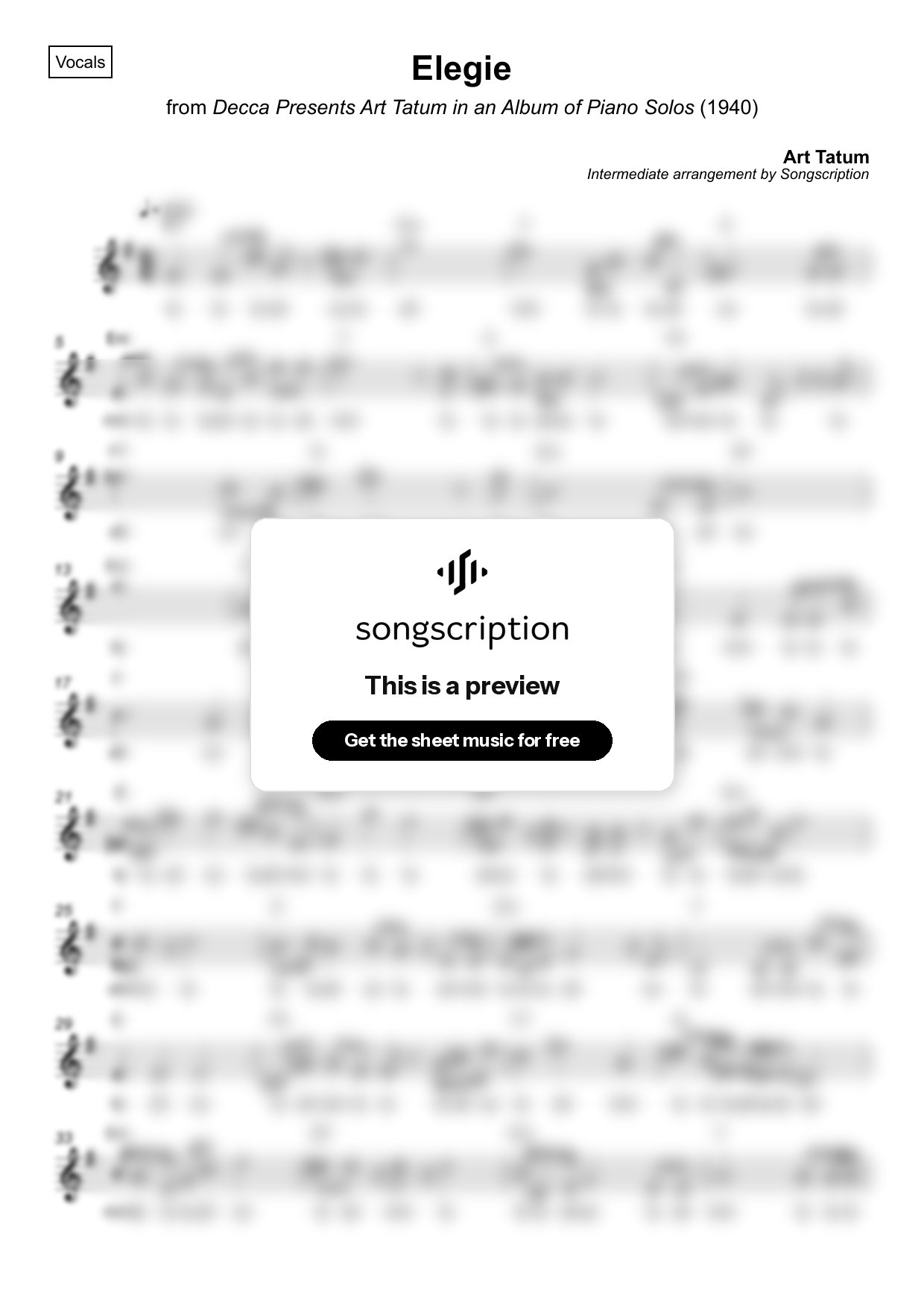 Intermediate Vocals Sheet Music for "Elegie" by Art Tatum