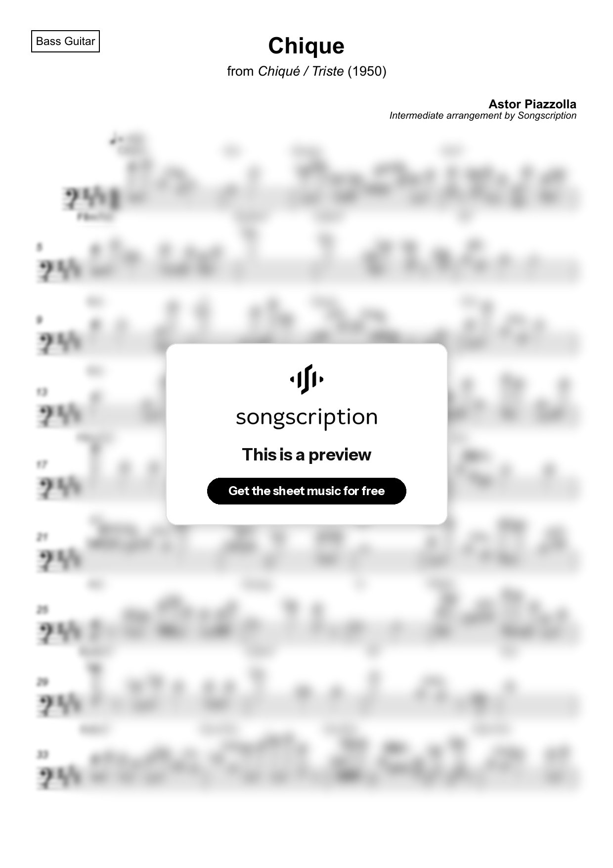 Intermediate Bass Guitar Sheet Music for "Chique" by Astor Piazzolla