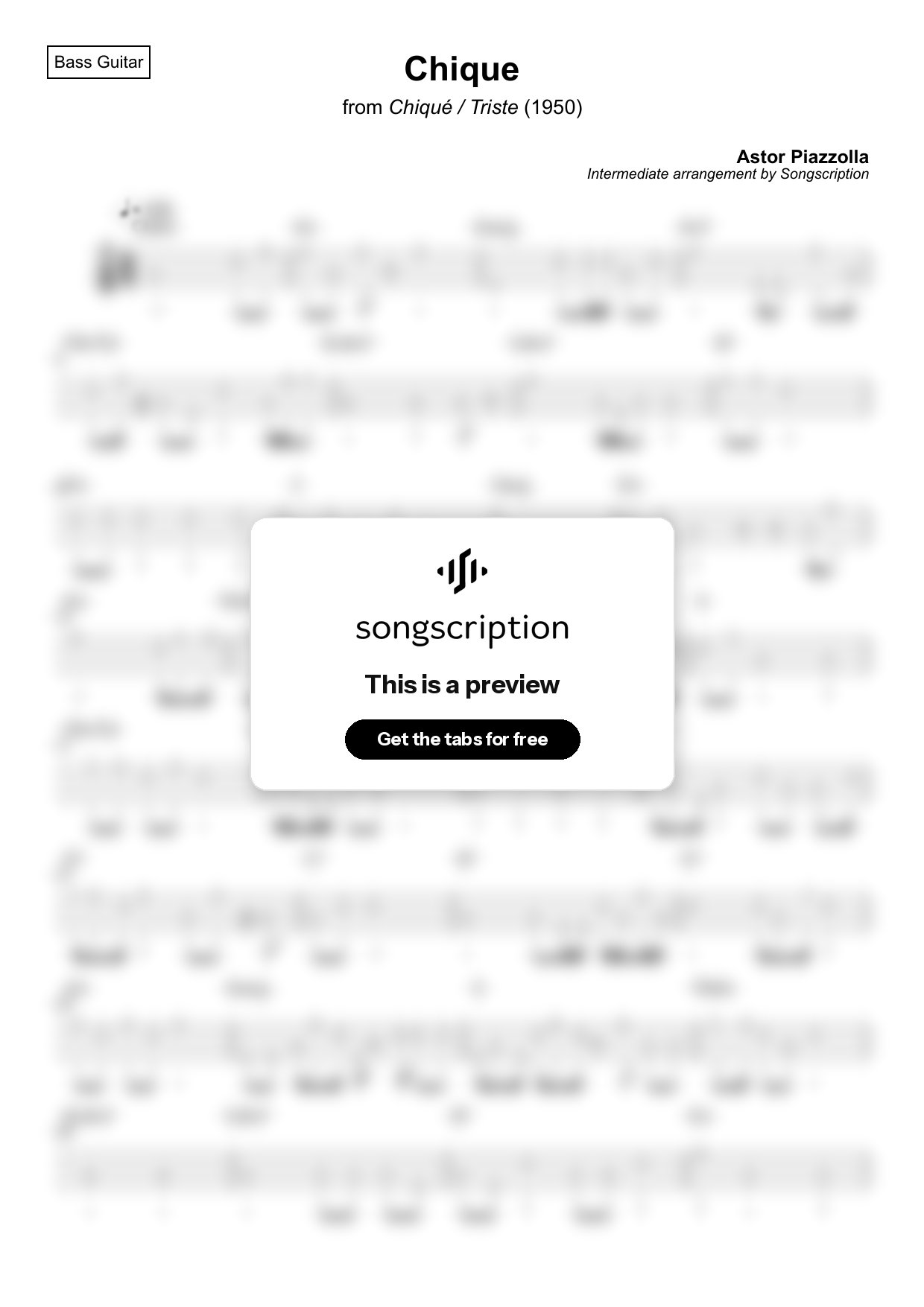 Intermediate Bass Guitar Tabs for "Chique" by Astor Piazzolla