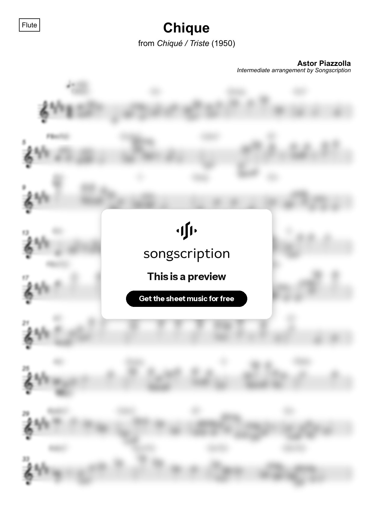 Intermediate Flute Sheet Music for "Chique" by Astor Piazzolla