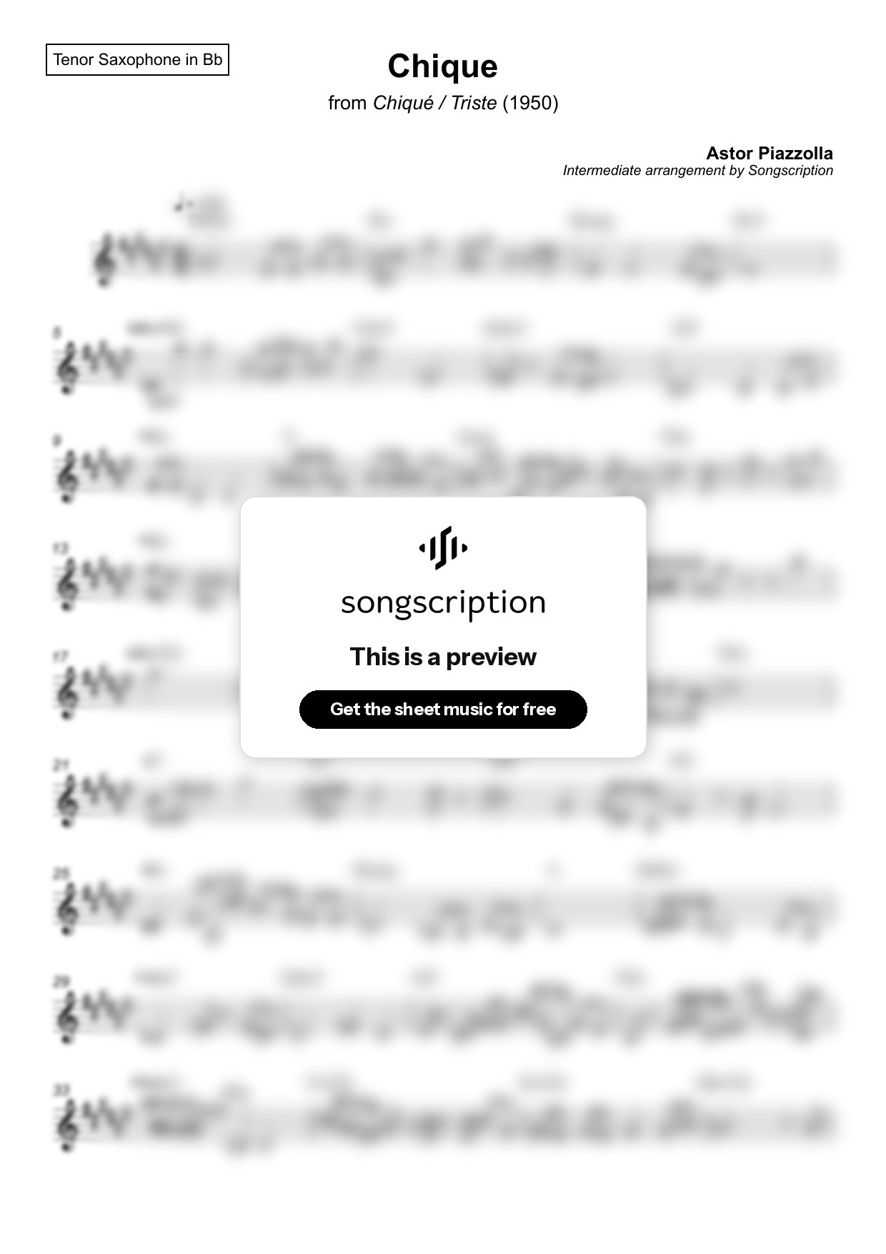 Intermediate Tenor Sax Sheet Music for "Chique" by Astor Piazzolla