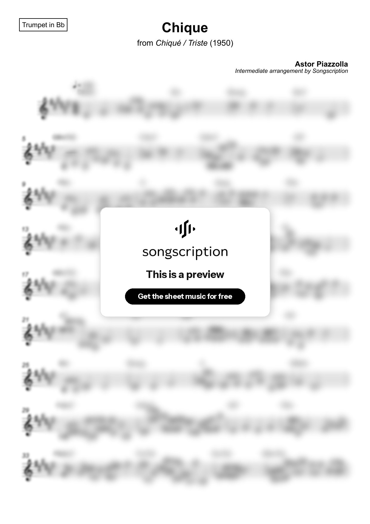 Intermediate Trumpet Sheet Music for "Chique" by Astor Piazzolla