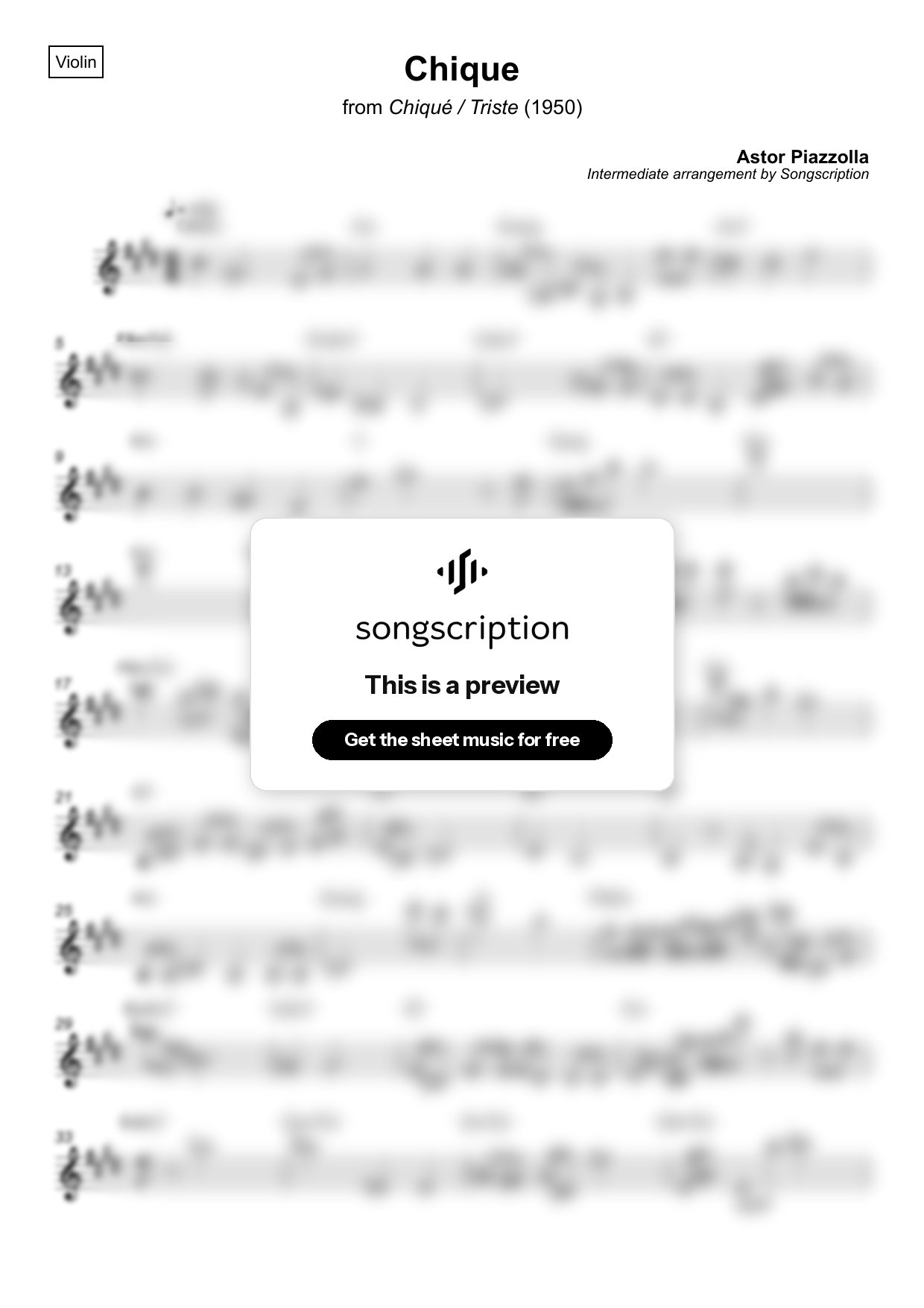 Intermediate Violin Sheet Music for "Chique" by Astor Piazzolla