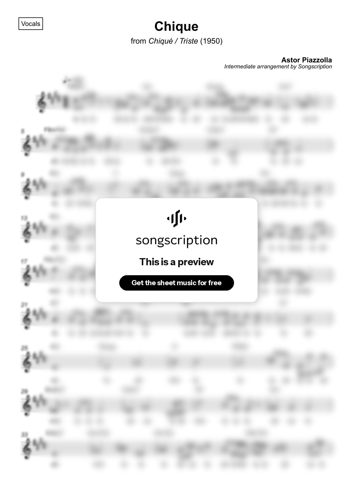 Intermediate Vocals Sheet Music for "Chique" by Astor Piazzolla