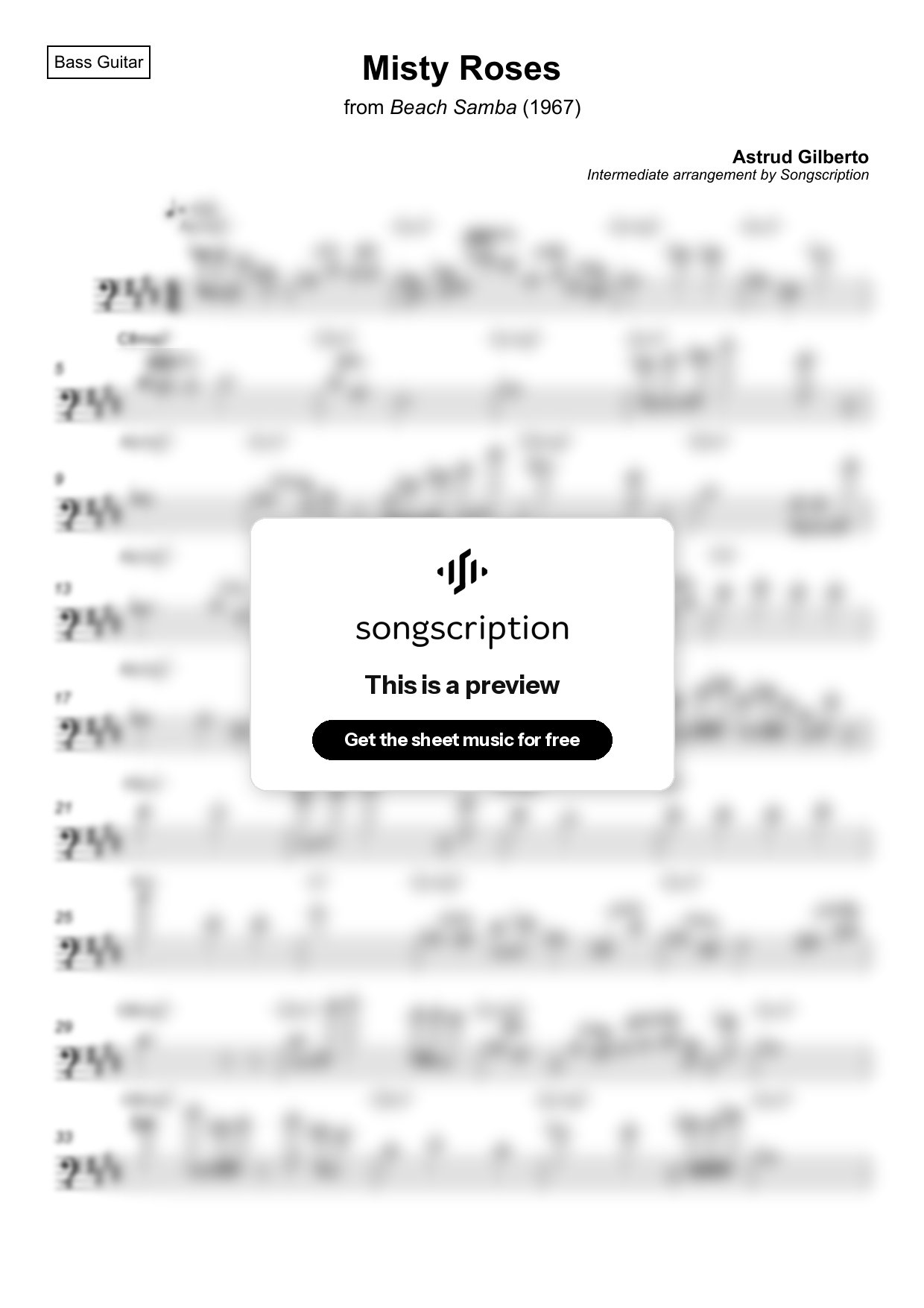Intermediate Bass Guitar Sheet Music for "Misty Roses" by Astrud Gilberto