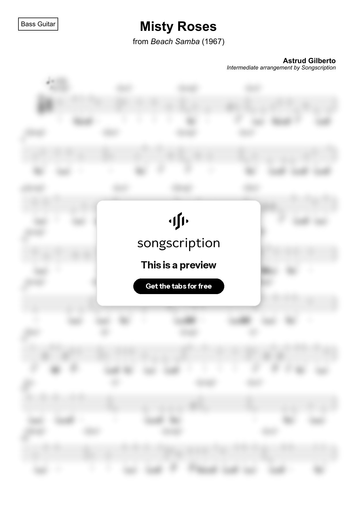 Intermediate Bass Guitar Tabs for "Misty Roses" by Astrud Gilberto