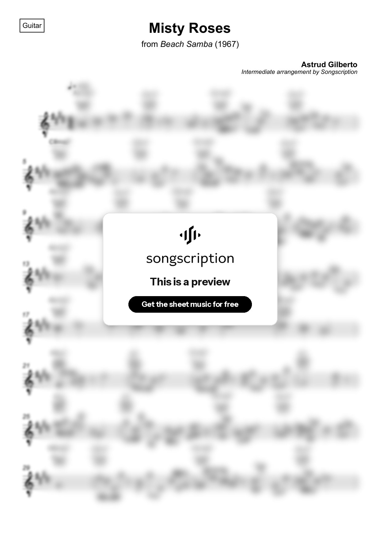 Intermediate Acoustic Guitar Sheet Music for "Misty Roses" by Astrud Gilberto