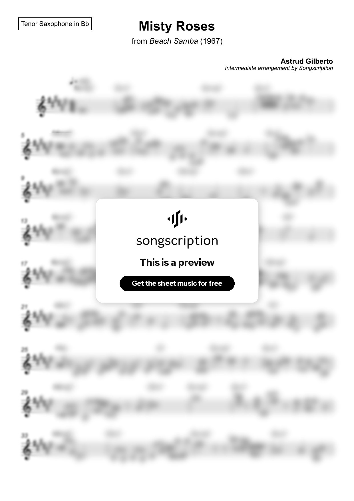 Intermediate Tenor Sax Sheet Music for "Misty Roses" by Astrud Gilberto