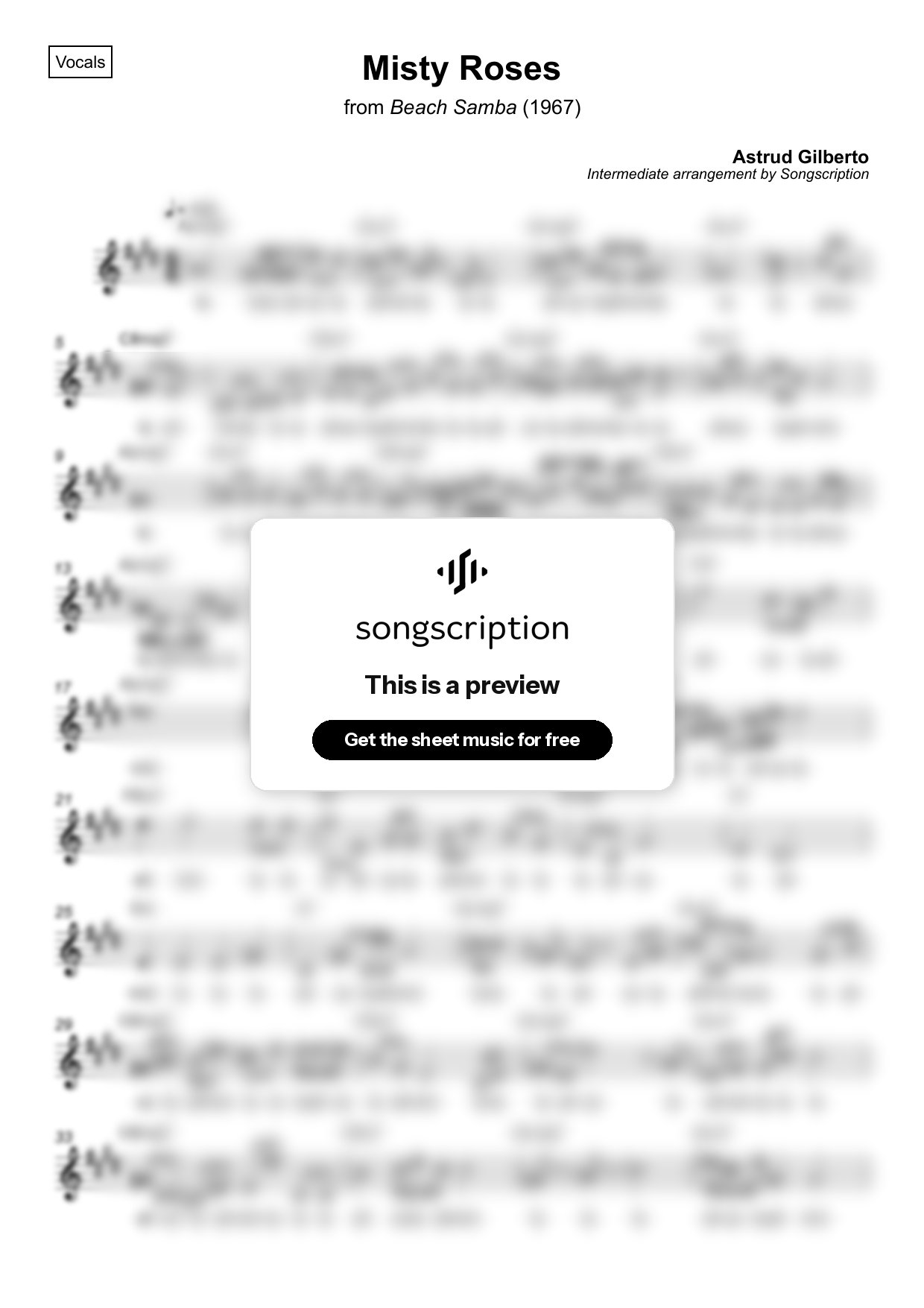 Intermediate Vocals Sheet Music for "Misty Roses" by Astrud Gilberto