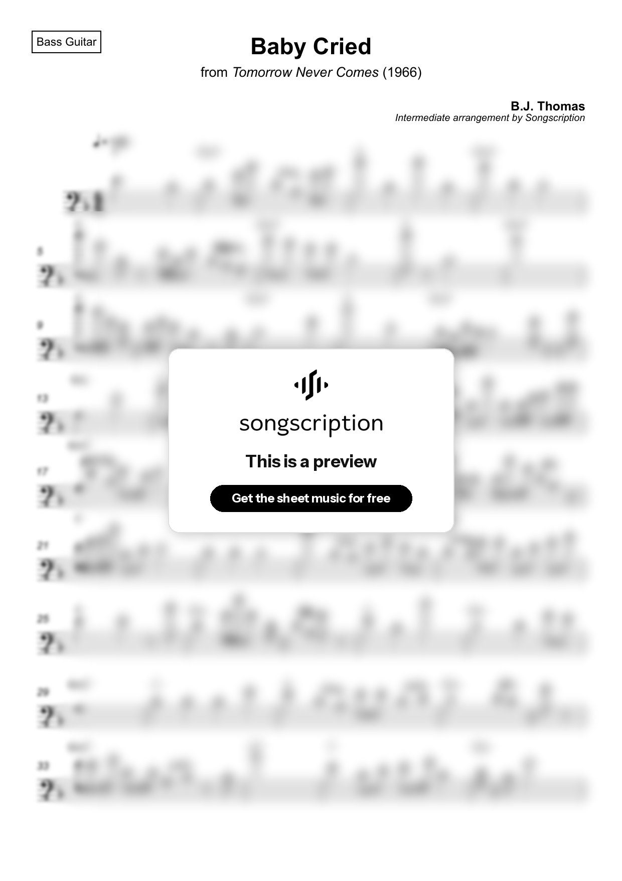 Intermediate Bass Guitar Sheet Music for "Baby Cried" by B.J. Thomas