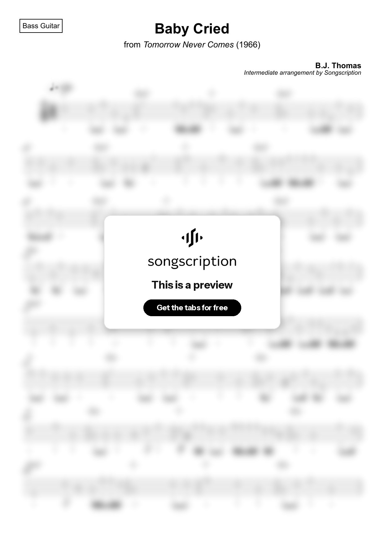 Intermediate Bass Guitar Tabs for "Baby Cried" by B.J. Thomas