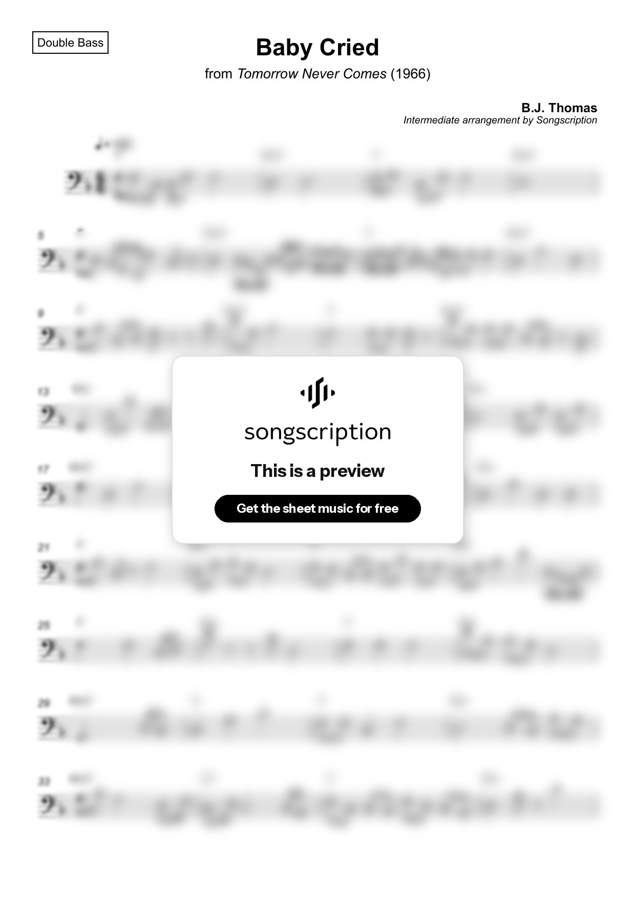 Intermediate Double Bass Sheet Music for "Baby Cried" by B.J. Thomas