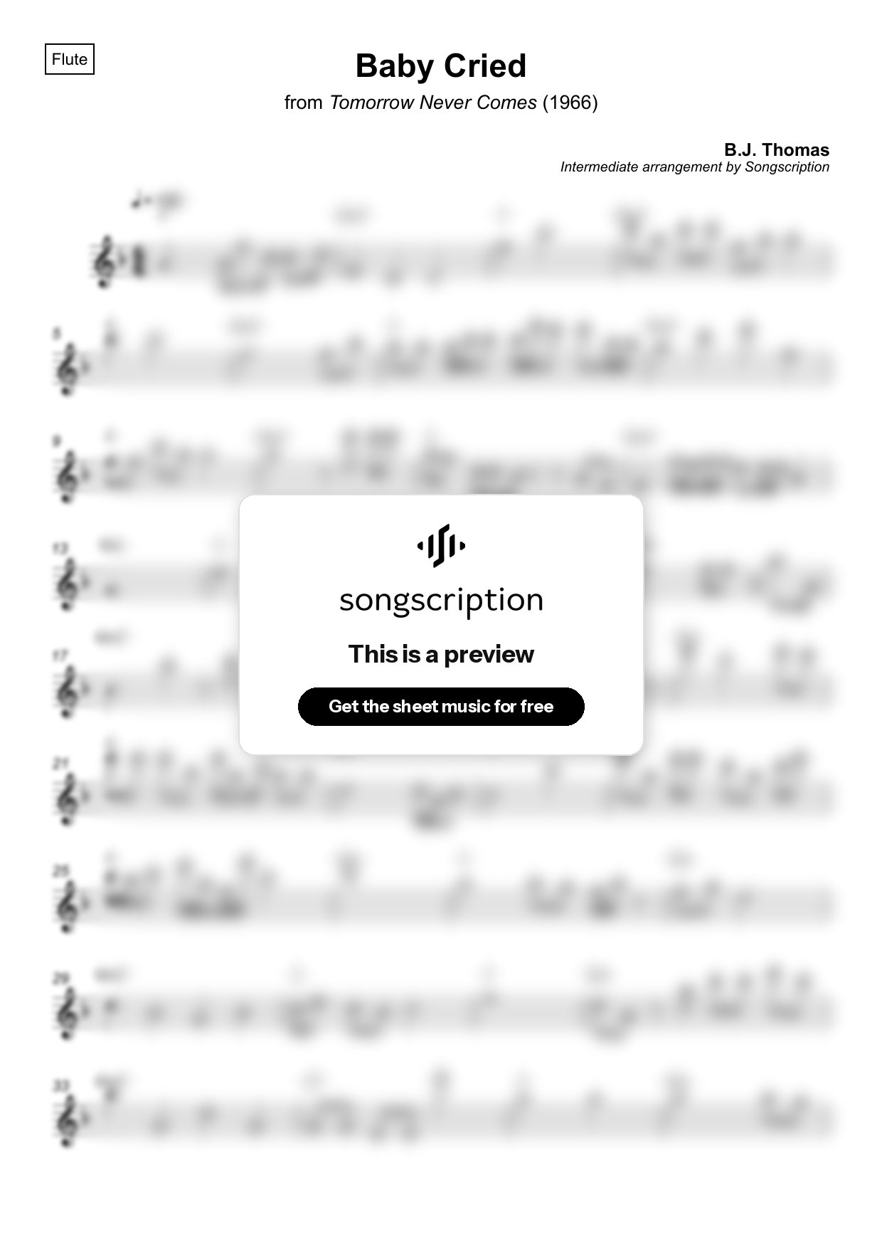 Intermediate Flute Sheet Music for "Baby Cried" by B.J. Thomas