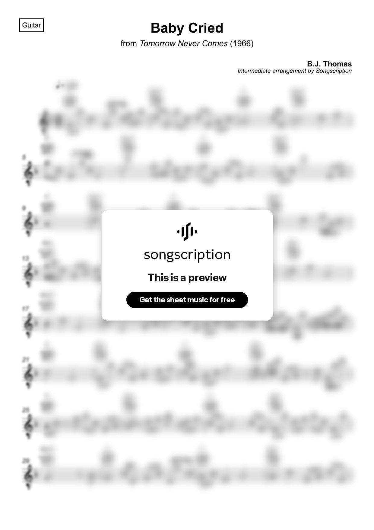 Intermediate Acoustic Guitar Sheet Music for "Baby Cried" by B.J. Thomas