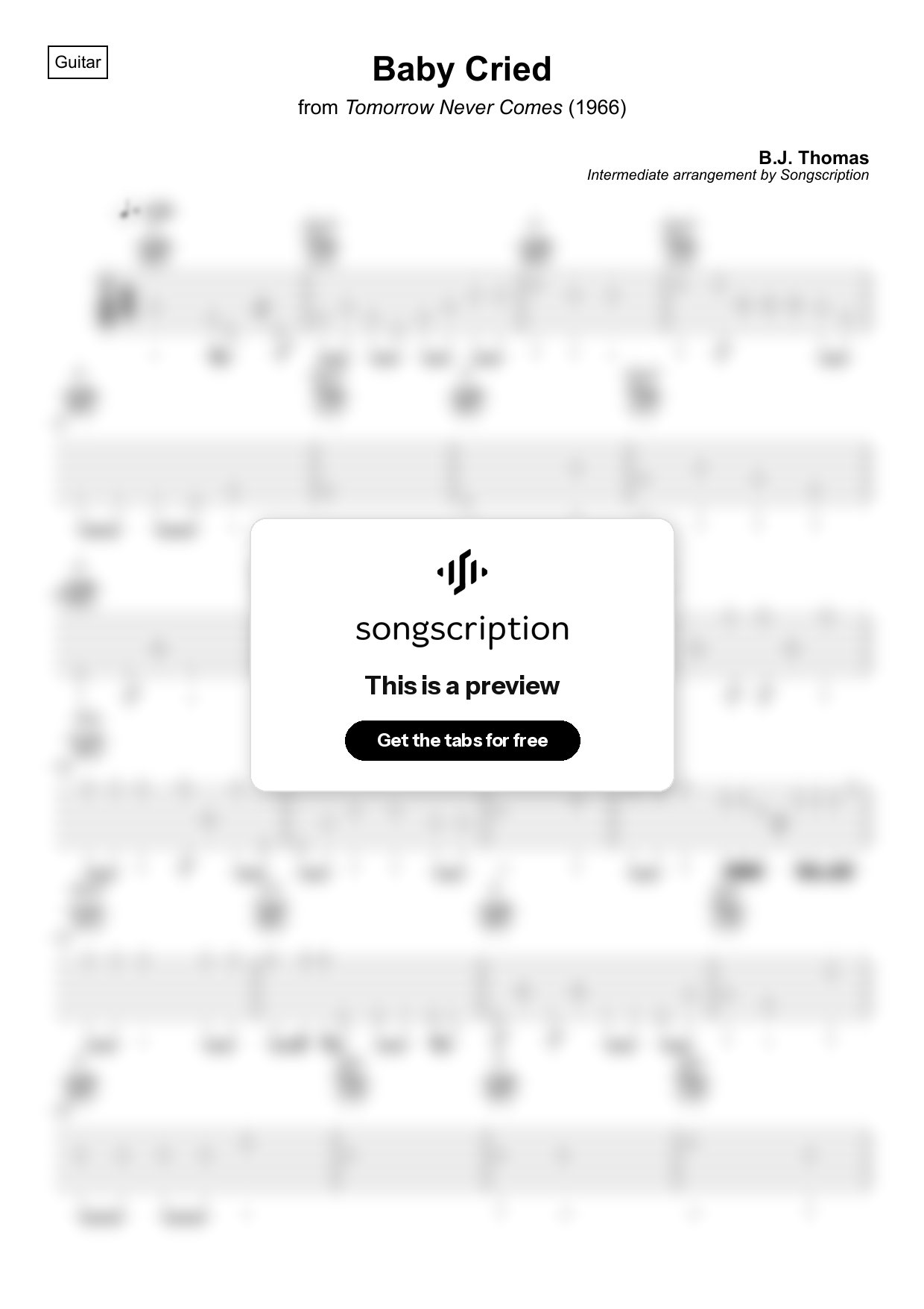 Intermediate Acoustic Guitar Tabs for "Baby Cried" by B.J. Thomas