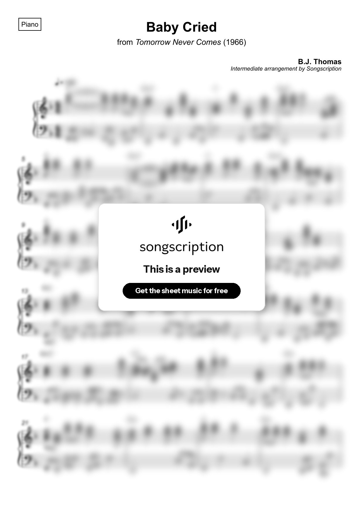 Intermediate Piano Sheet Music for "Baby Cried" by B.J. Thomas