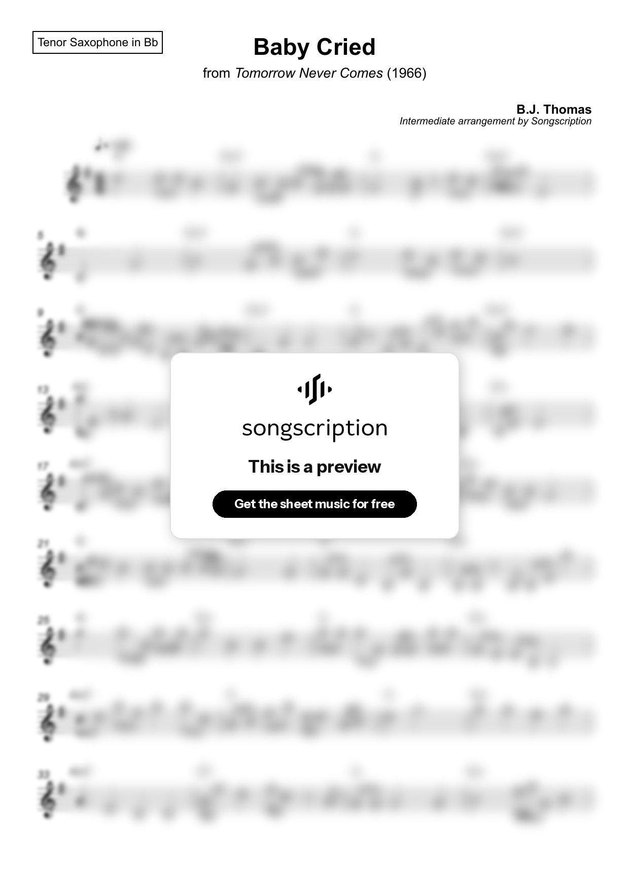Intermediate Tenor Sax Sheet Music for "Baby Cried" by B.J. Thomas