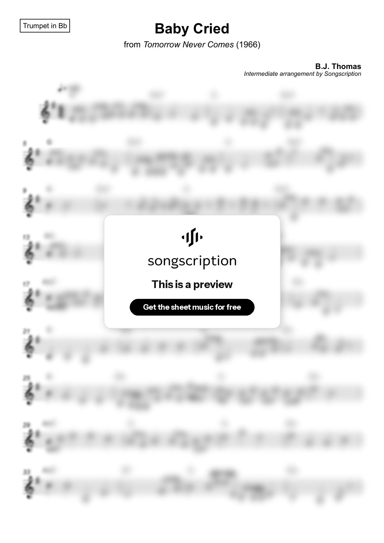 Intermediate Trumpet Sheet Music for "Baby Cried" by B.J. Thomas