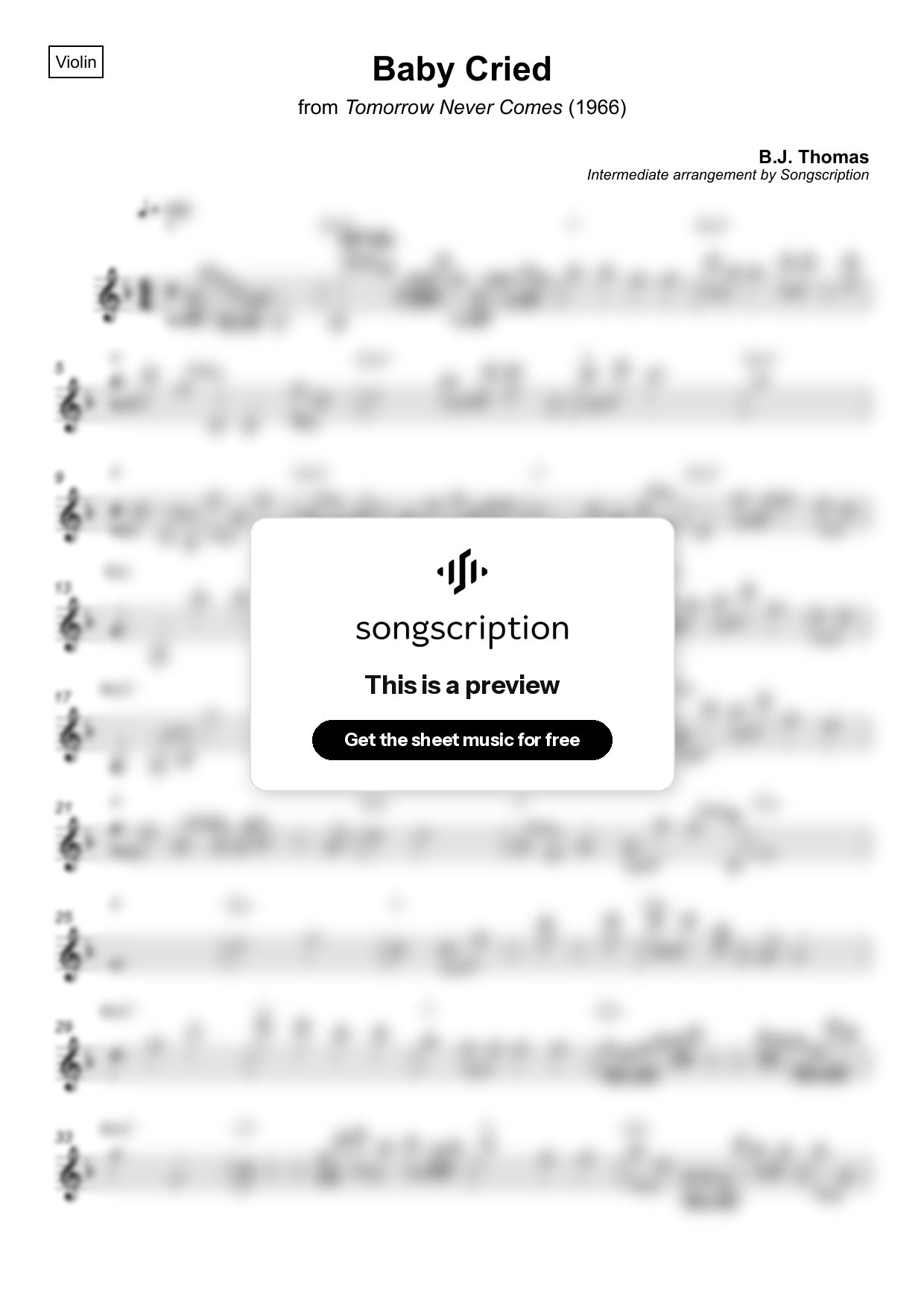 Intermediate Violin Sheet Music for "Baby Cried" by B.J. Thomas