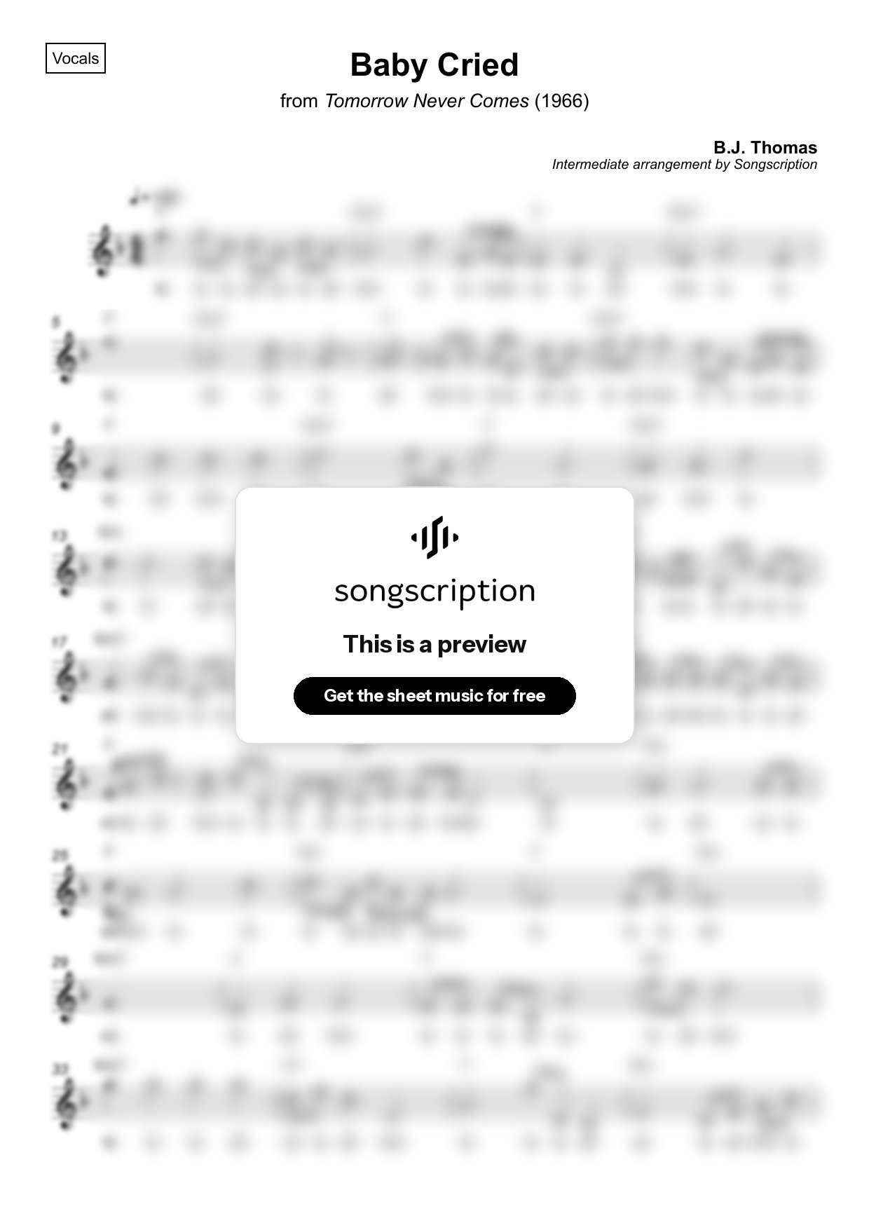 Intermediate Vocals Sheet Music for "Baby Cried" by B.J. Thomas
