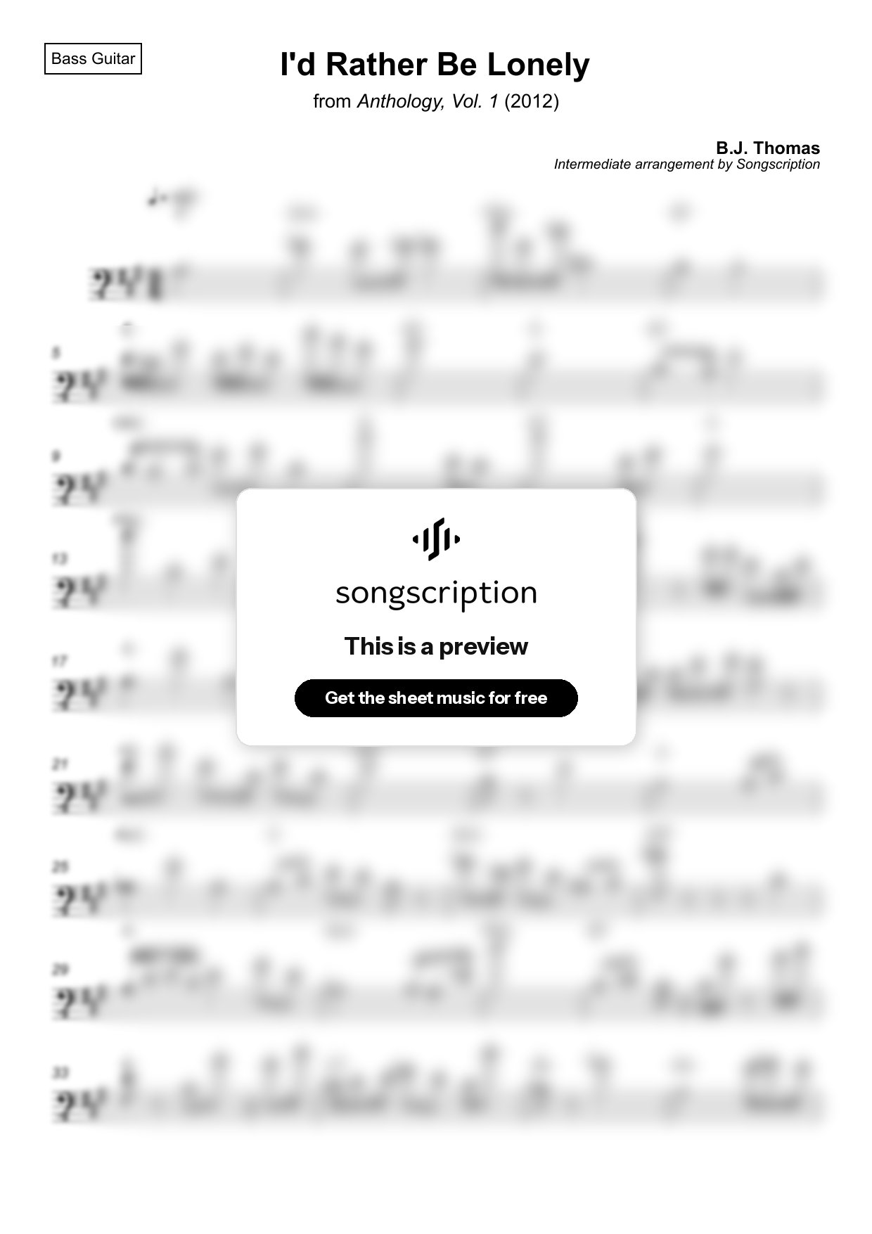 Intermediate Bass Guitar Sheet Music for "I'd Rather Be Lonely" by B.J. Thomas