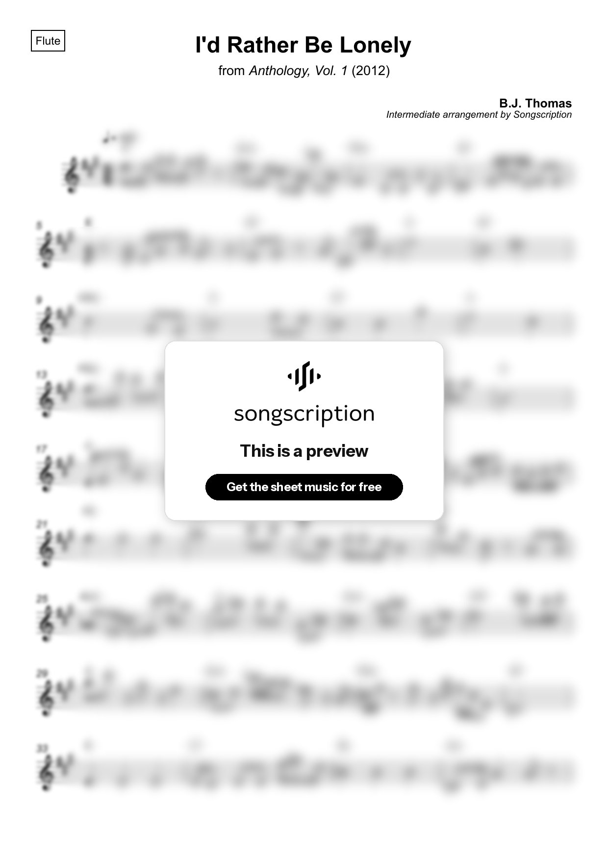 Intermediate Flute Sheet Music for "I'd Rather Be Lonely" by B.J. Thomas