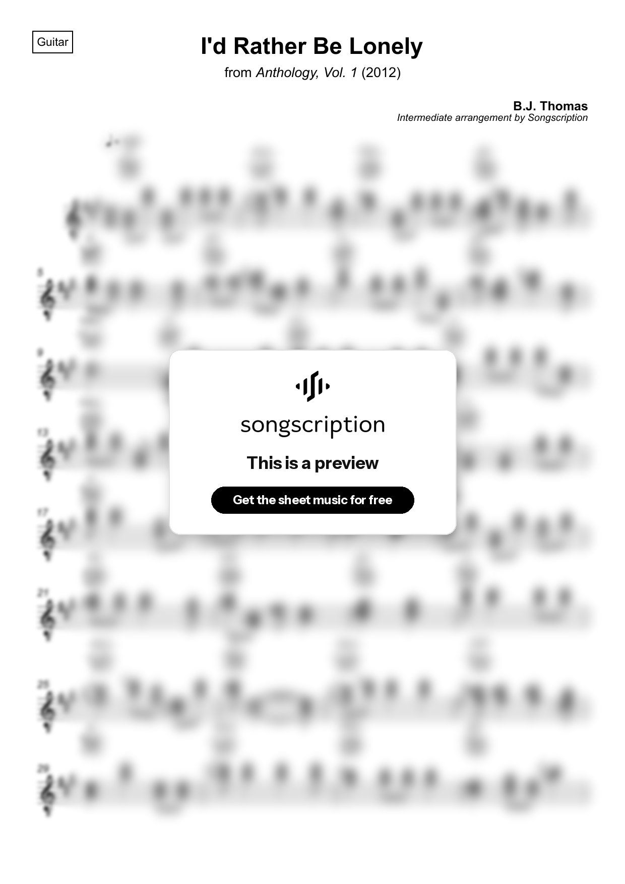 Intermediate Acoustic Guitar Sheet Music for "I'd Rather Be Lonely" by B.J. Thomas