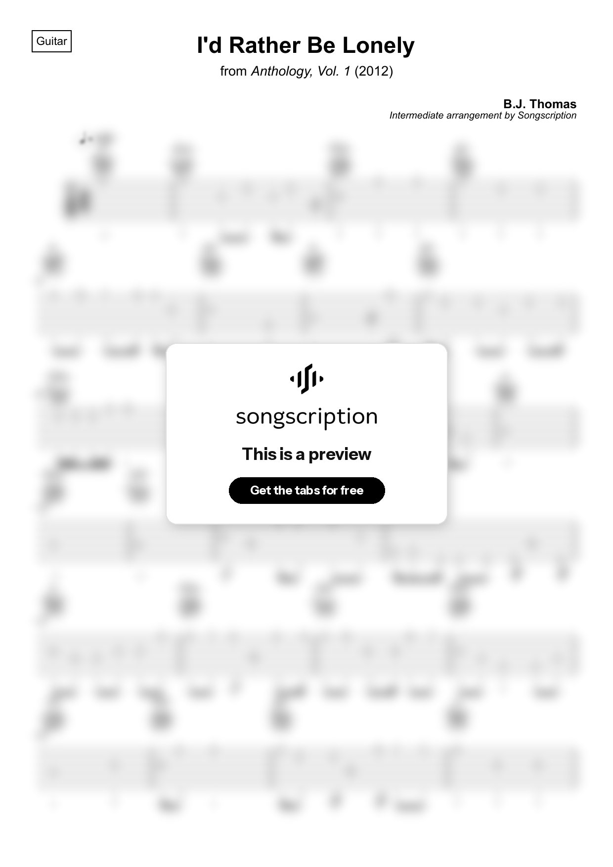 Intermediate Acoustic Guitar Tabs for "I'd Rather Be Lonely" by B.J. Thomas