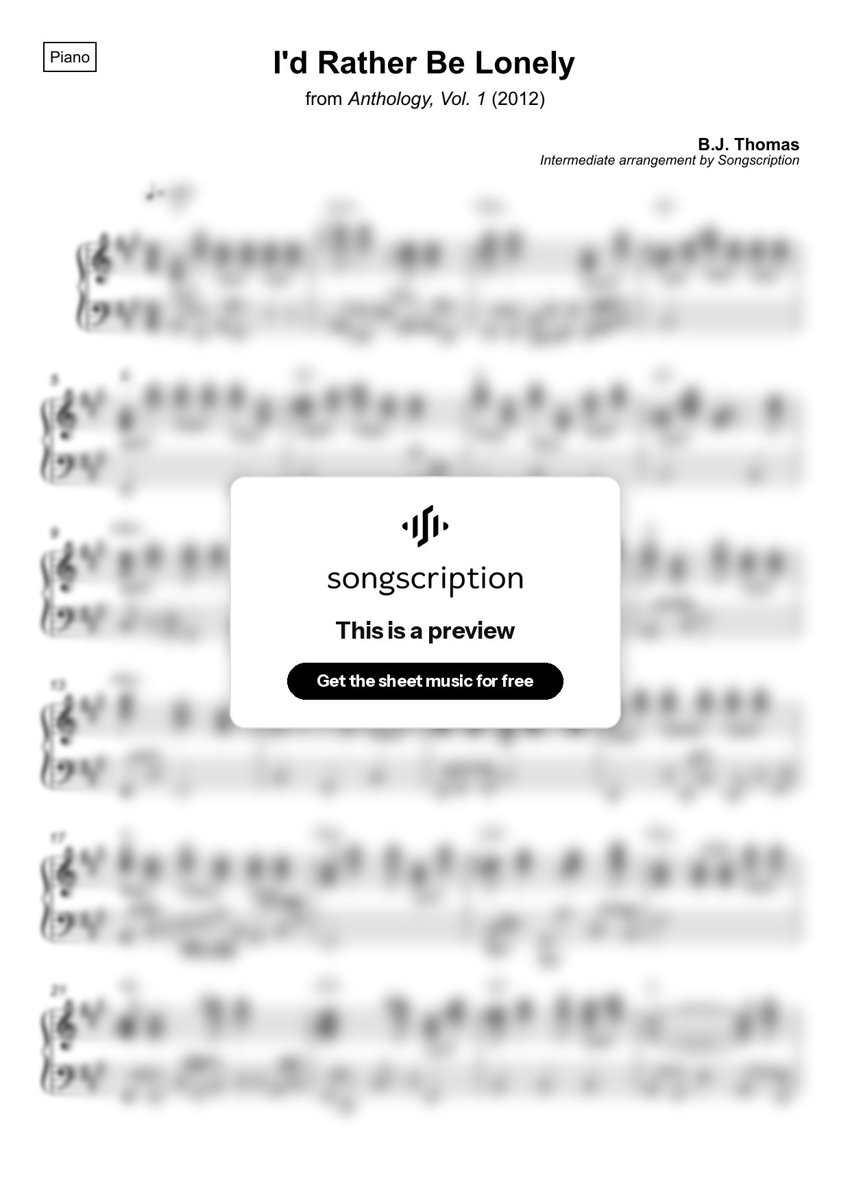 Intermediate Piano Sheet Music for "I'd Rather Be Lonely" by B.J. Thomas