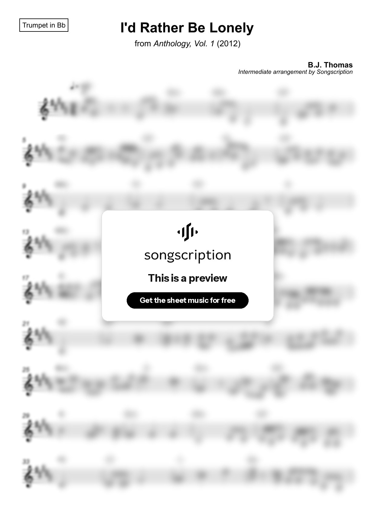 Intermediate Trumpet Sheet Music for "I'd Rather Be Lonely" by B.J. Thomas