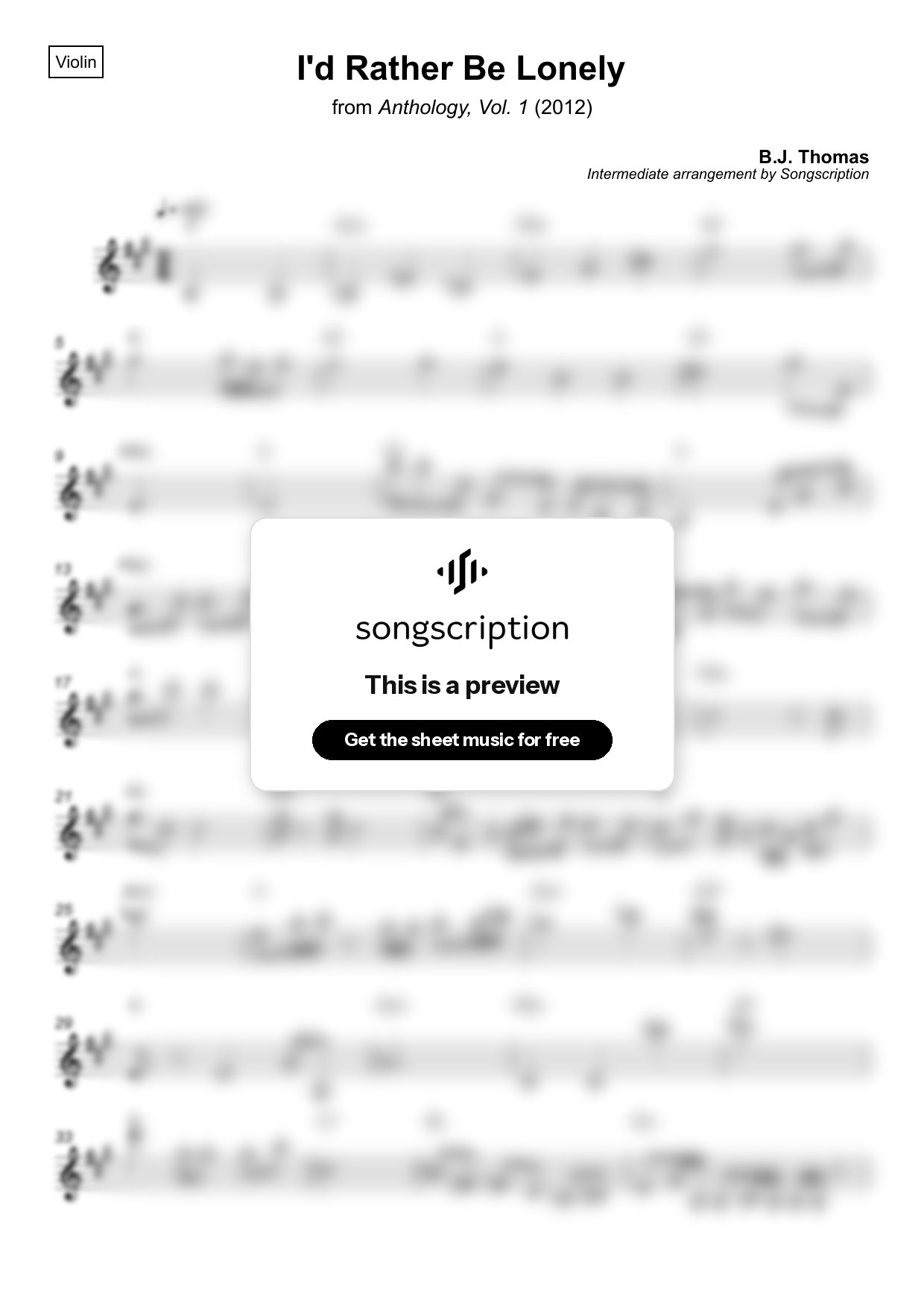 Intermediate Violin Sheet Music for "I'd Rather Be Lonely" by B.J. Thomas