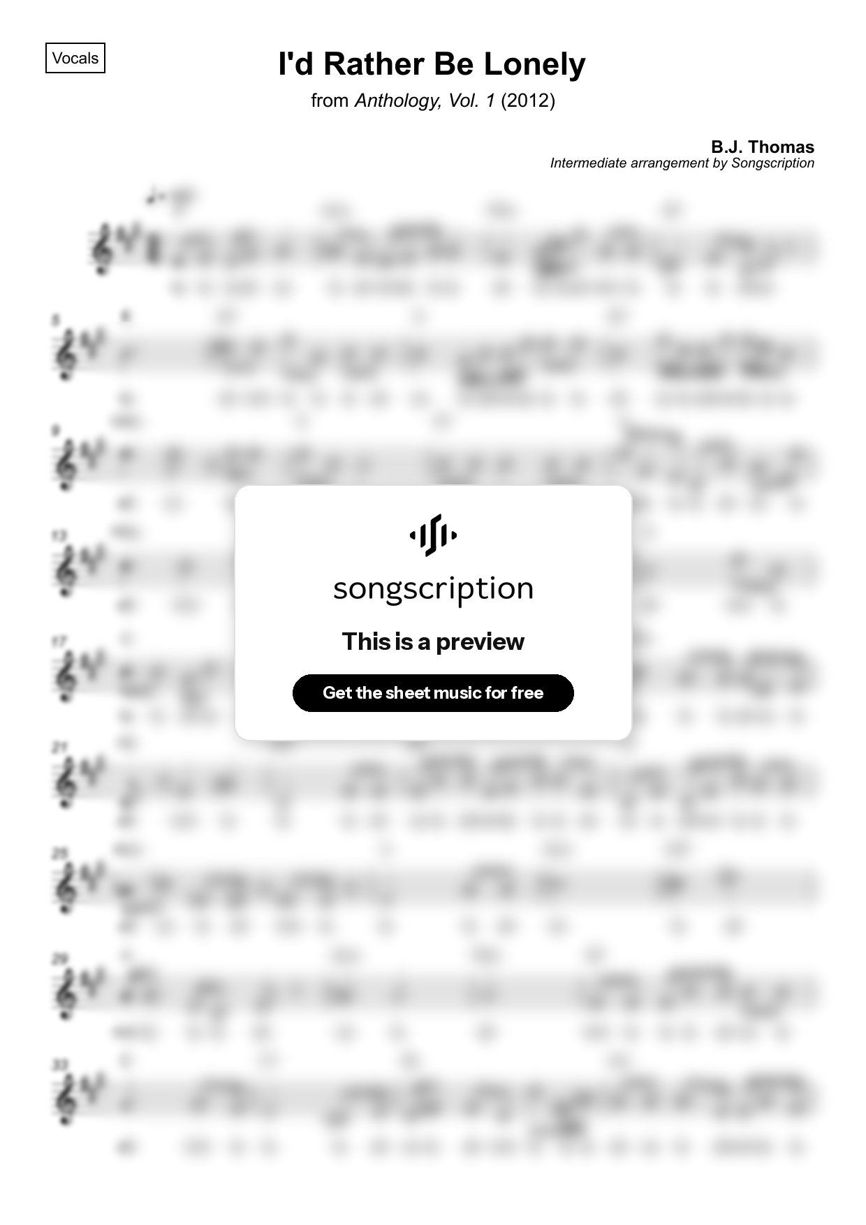 Intermediate Vocals Sheet Music for "I'd Rather Be Lonely" by B.J. Thomas