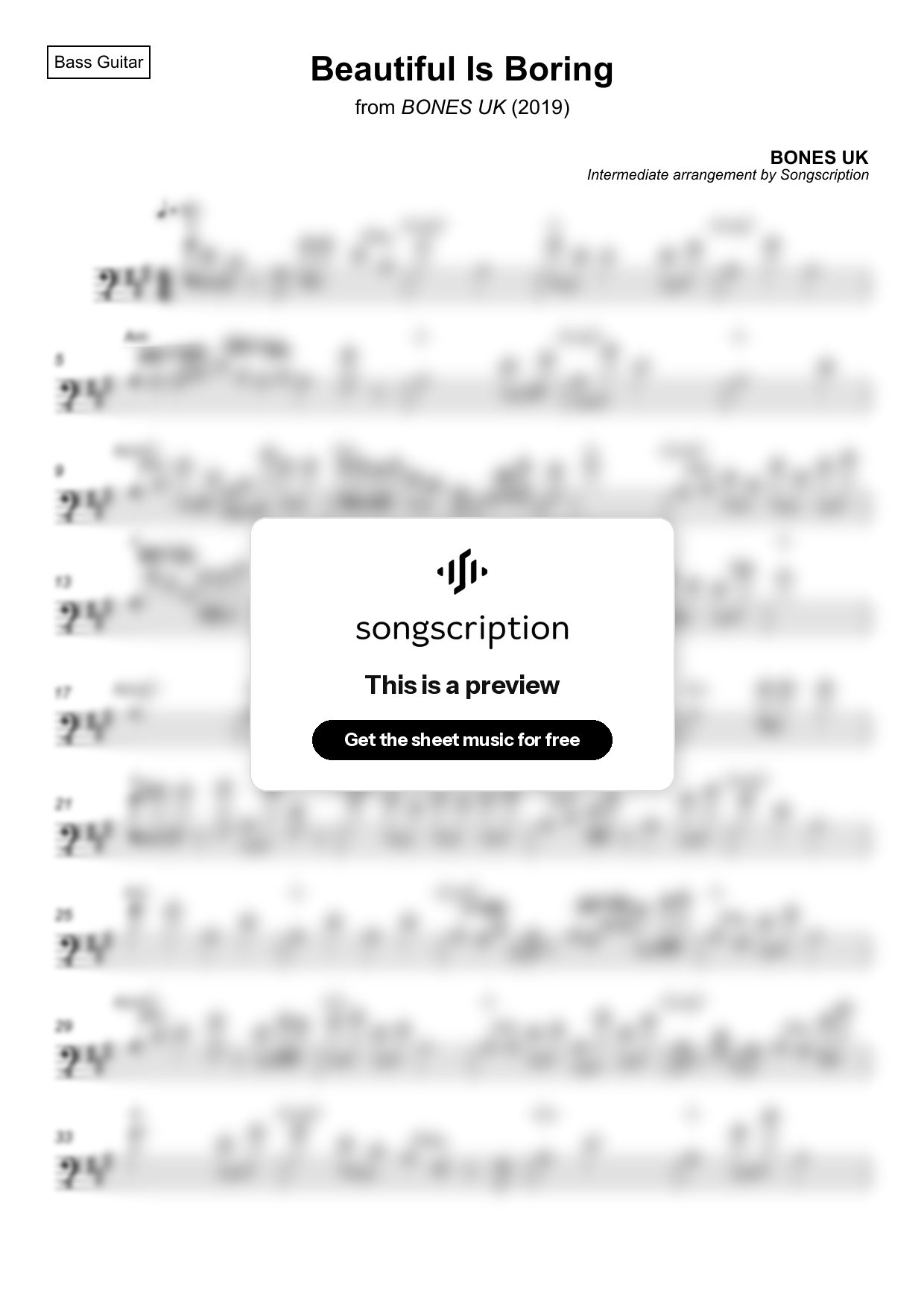 Intermediate Bass Guitar Sheet Music for "Beautiful Is Boring" by BONES UK