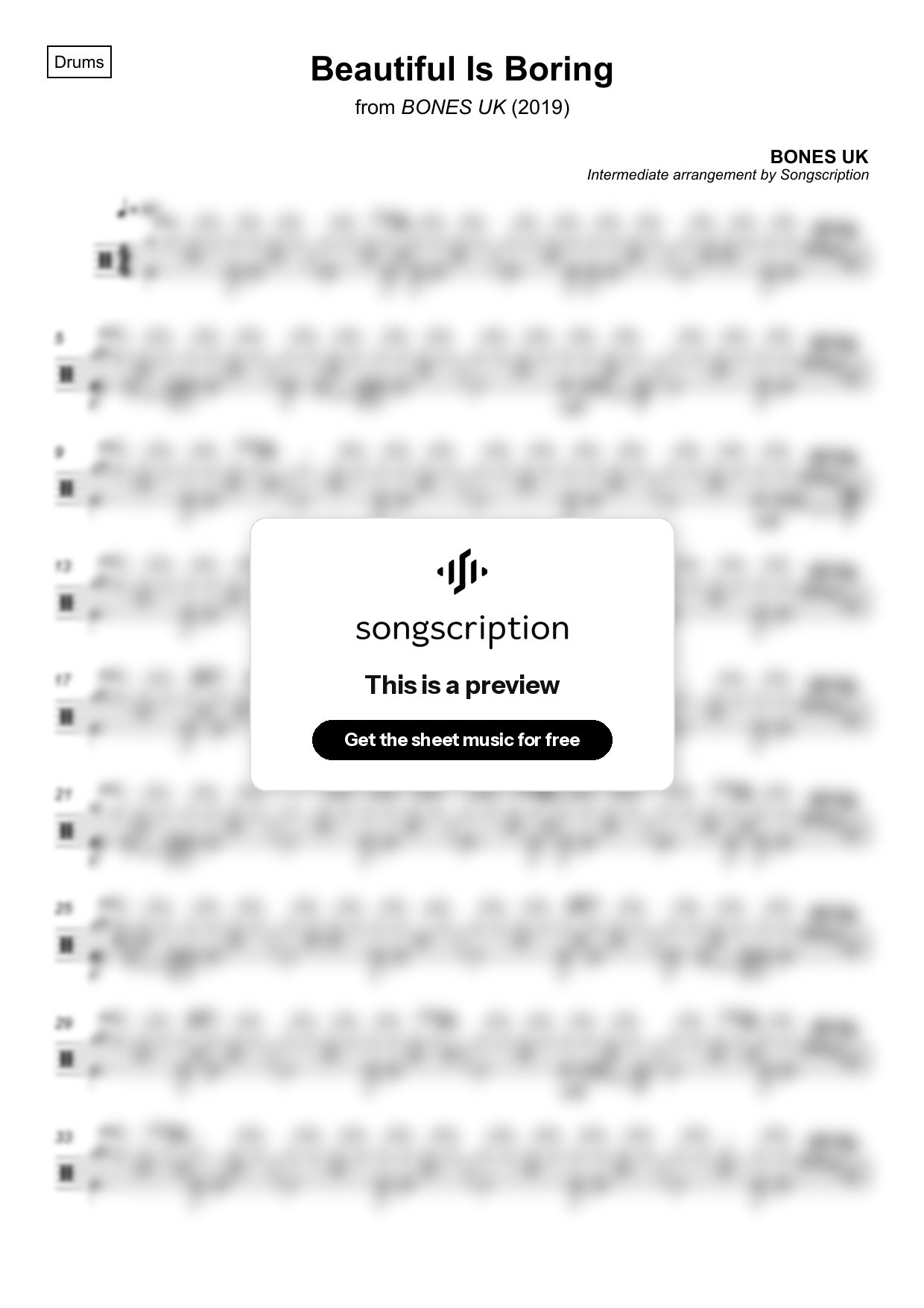 Intermediate Drums Sheet Music for "Beautiful Is Boring" by BONES UK