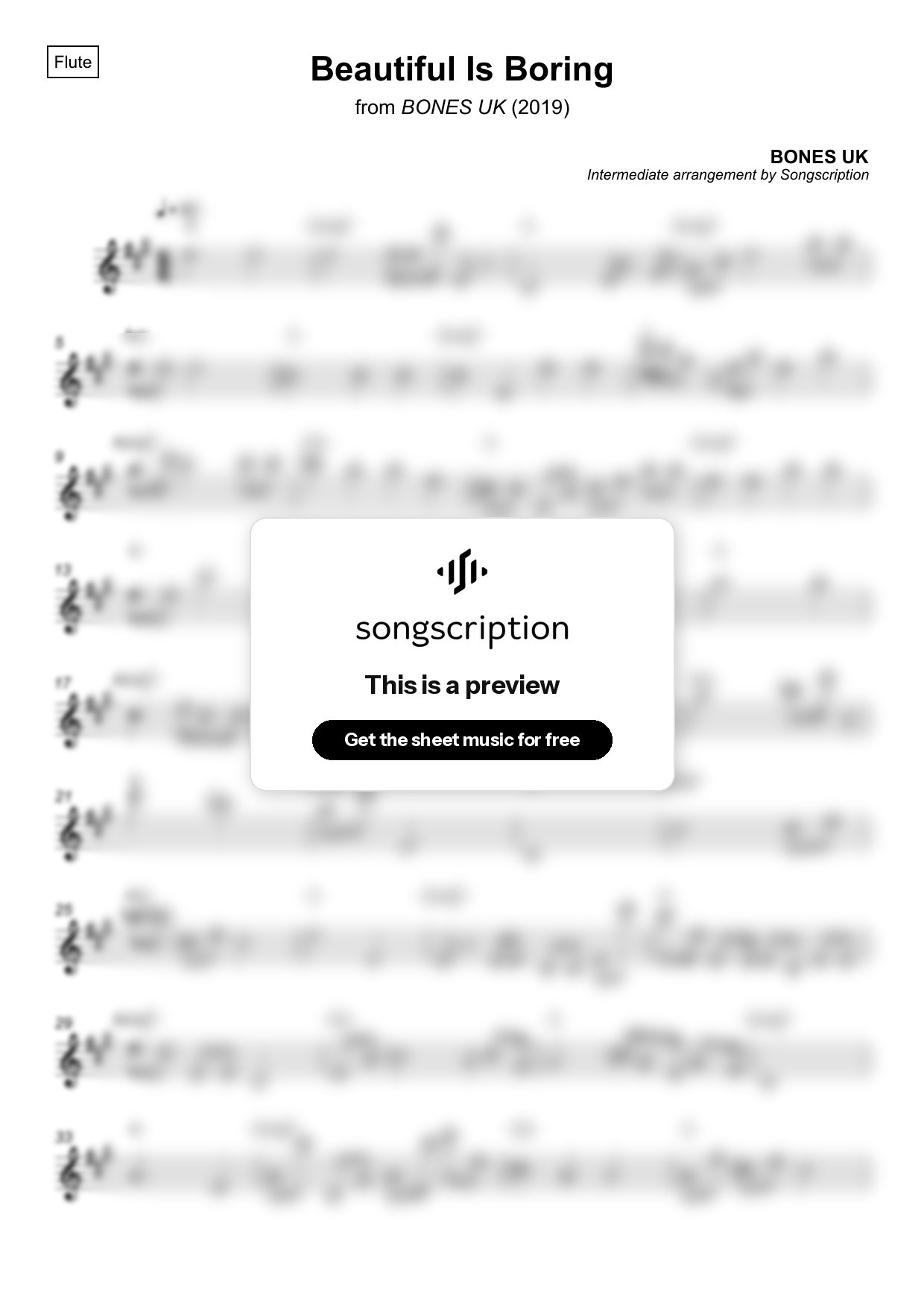 Intermediate Flute Sheet Music for "Beautiful Is Boring" by BONES UK