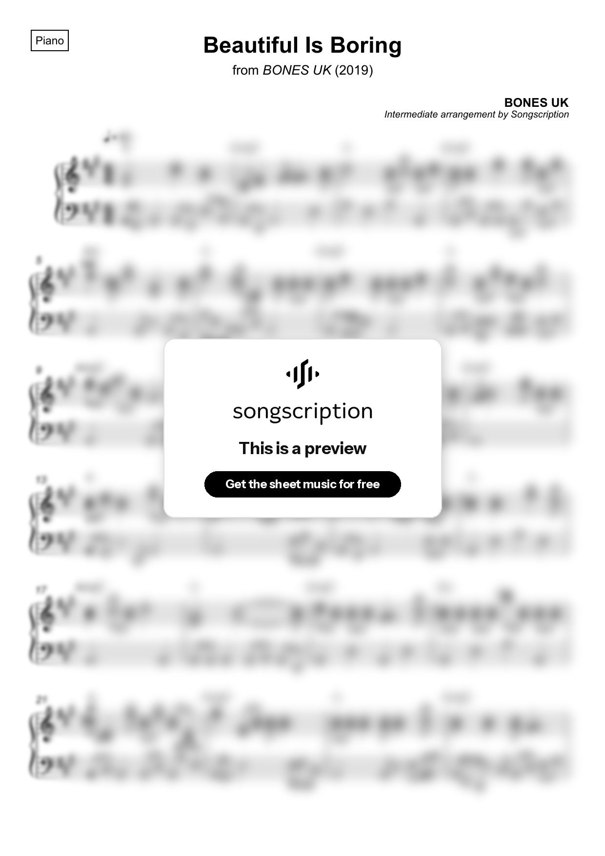 Intermediate Piano Sheet Music for "Beautiful Is Boring" by BONES UK
