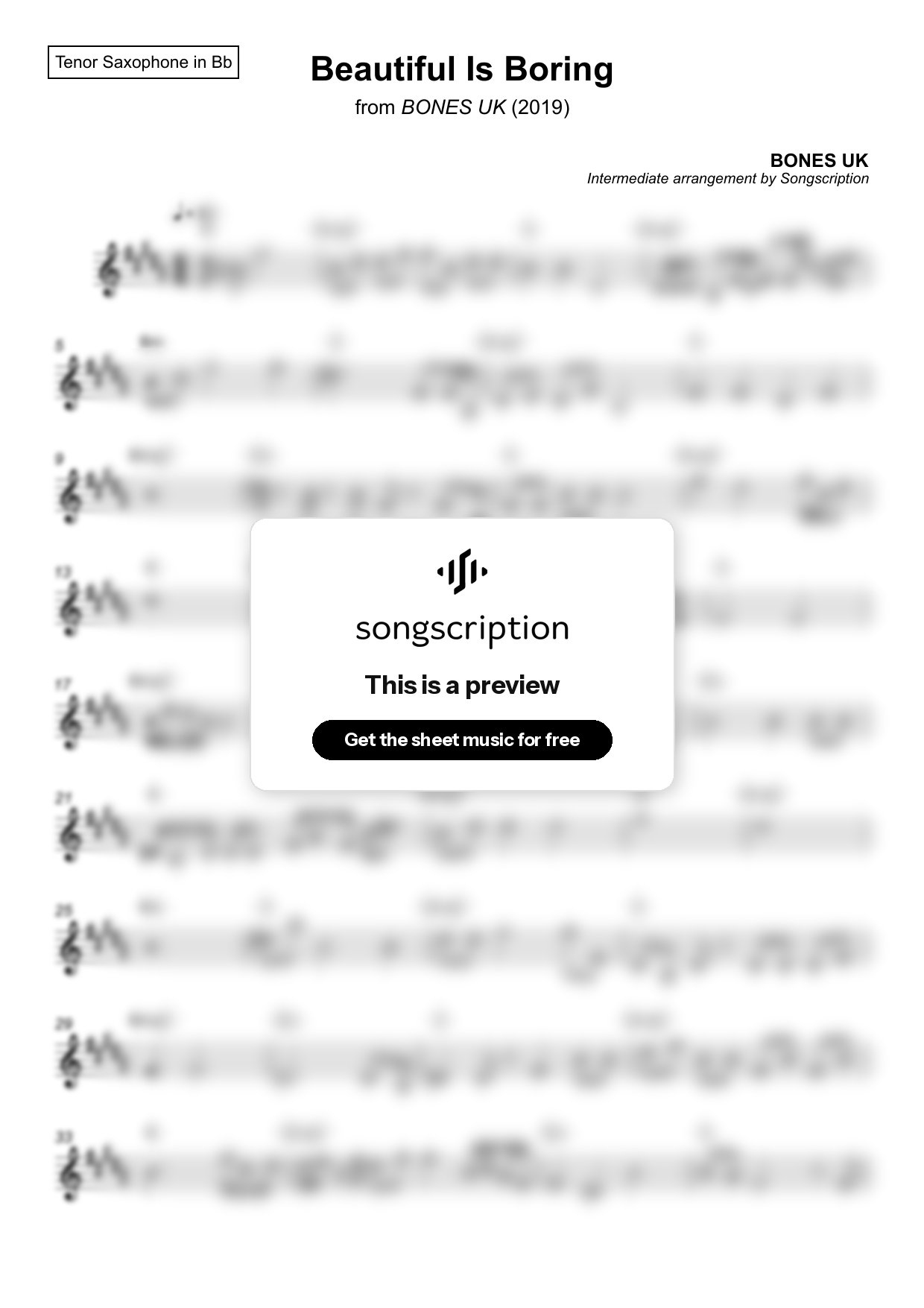 Intermediate Tenor Sax Sheet Music for "Beautiful Is Boring" by BONES UK