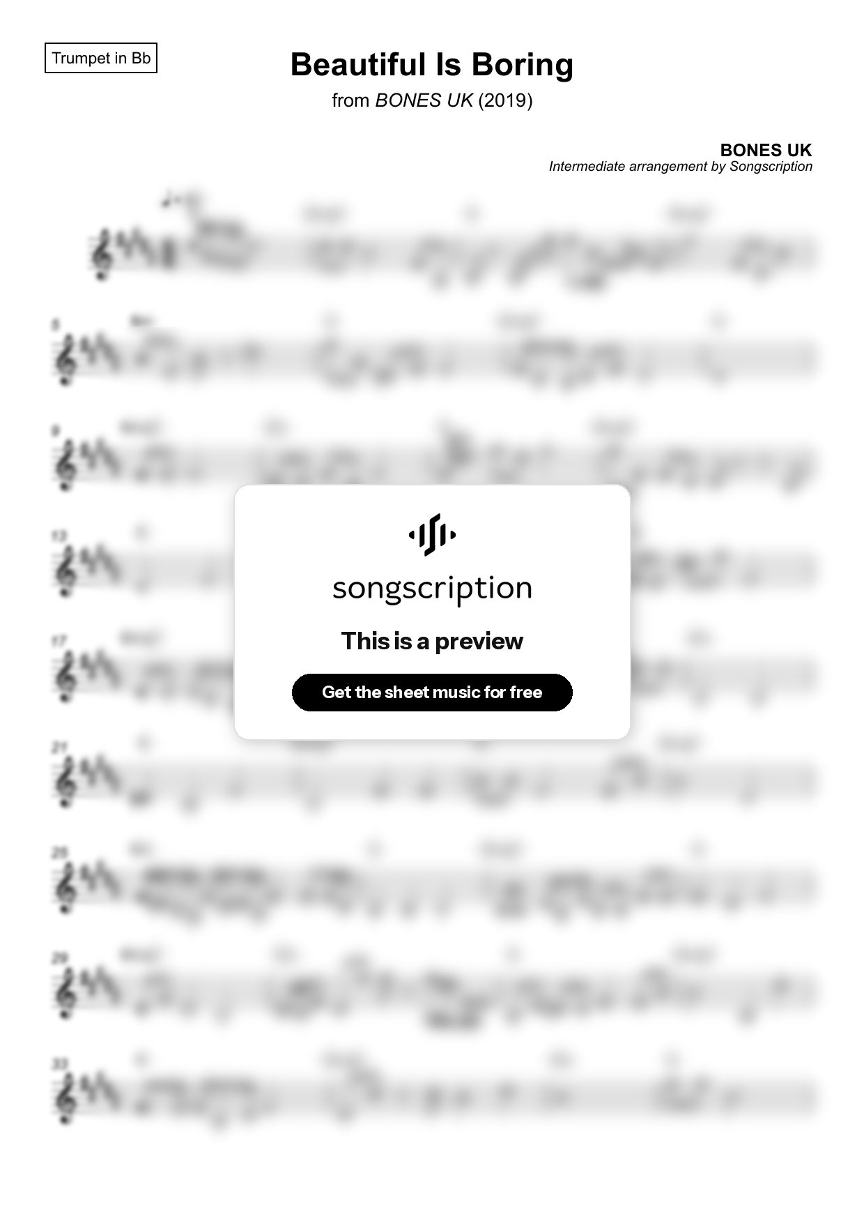 Intermediate Trumpet Sheet Music for "Beautiful Is Boring" by BONES UK