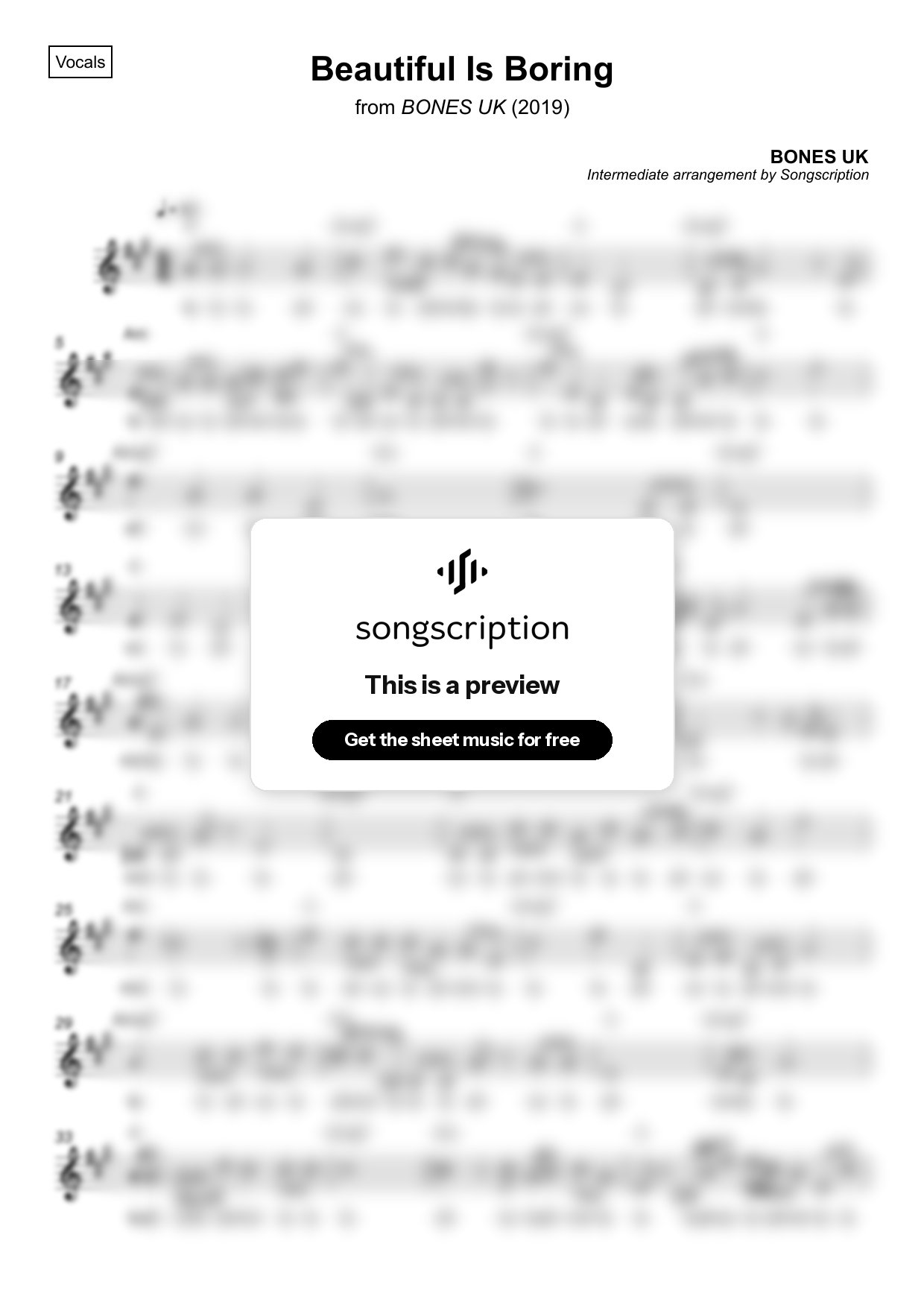 Intermediate Vocals Sheet Music for "Beautiful Is Boring" by BONES UK