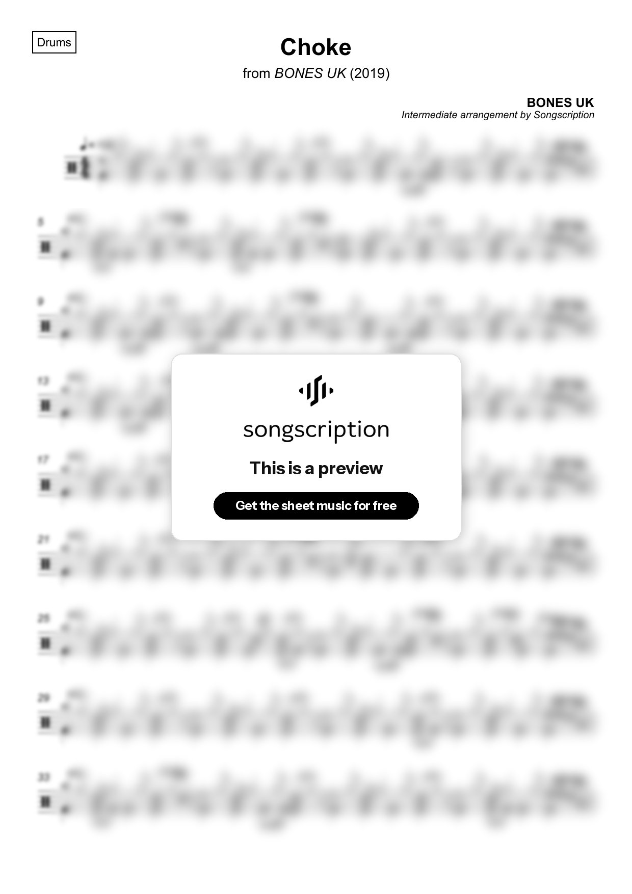 Intermediate Drums Sheet Music for "Choke" by BONES UK