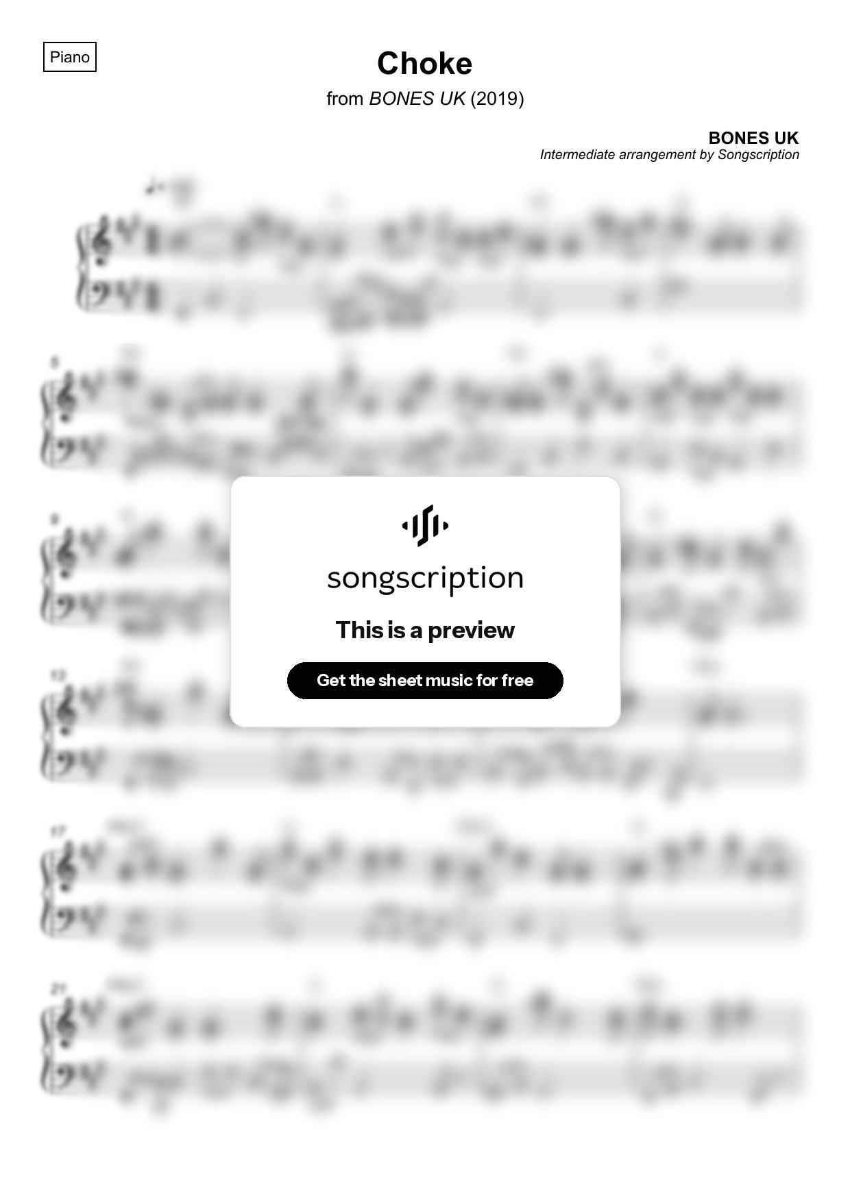 Intermediate Piano Sheet Music for "Choke" by BONES UK