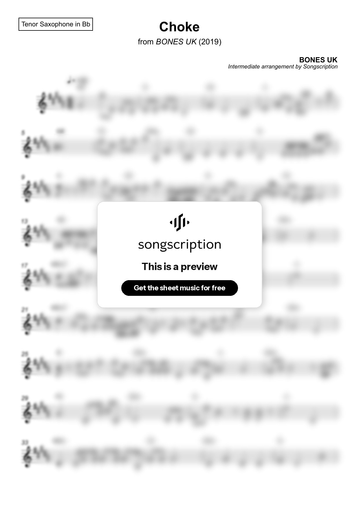 Intermediate Tenor Sax Sheet Music for "Choke" by BONES UK